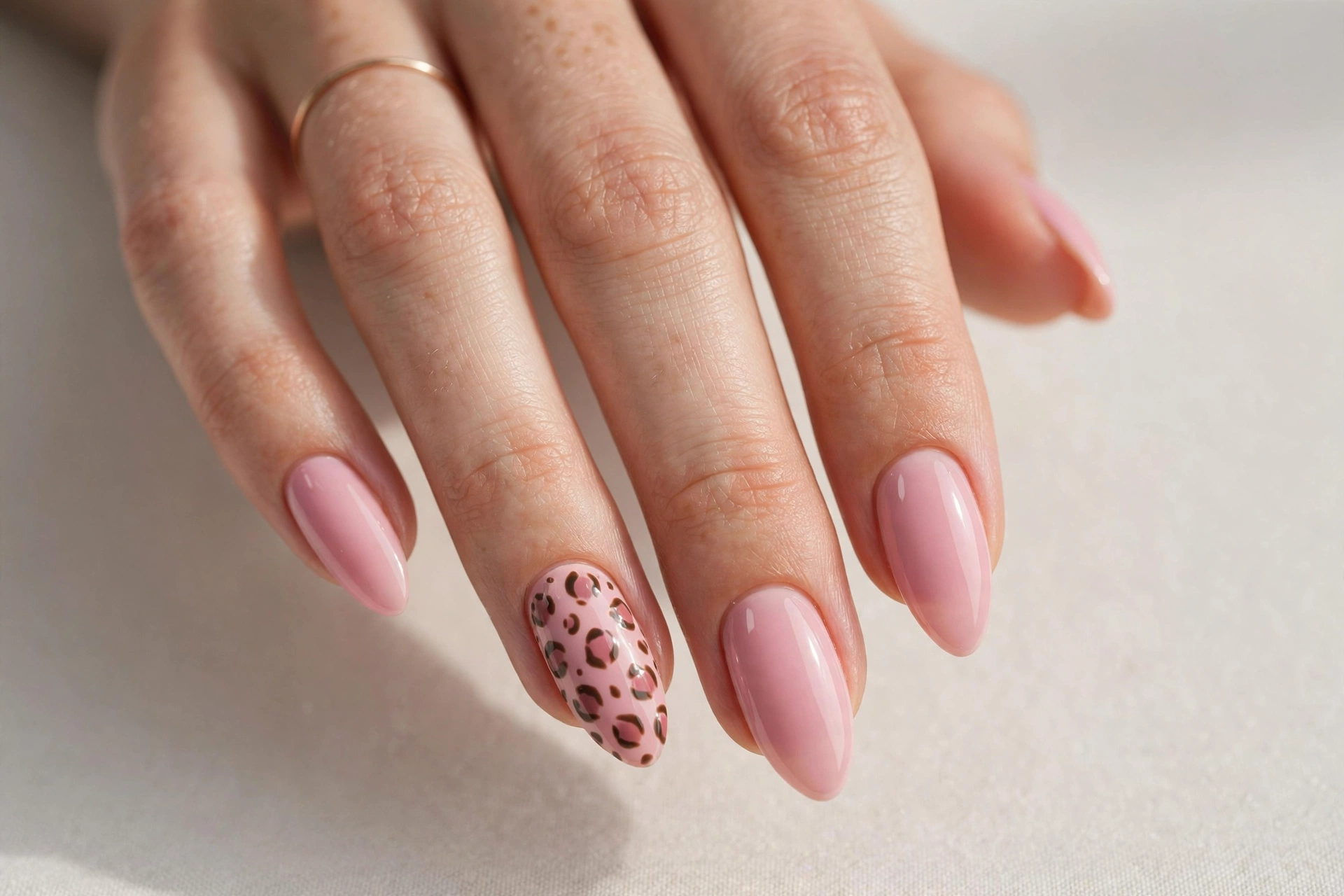 Close-up of a pink manicure with one leopard print accent nail in pink and brown