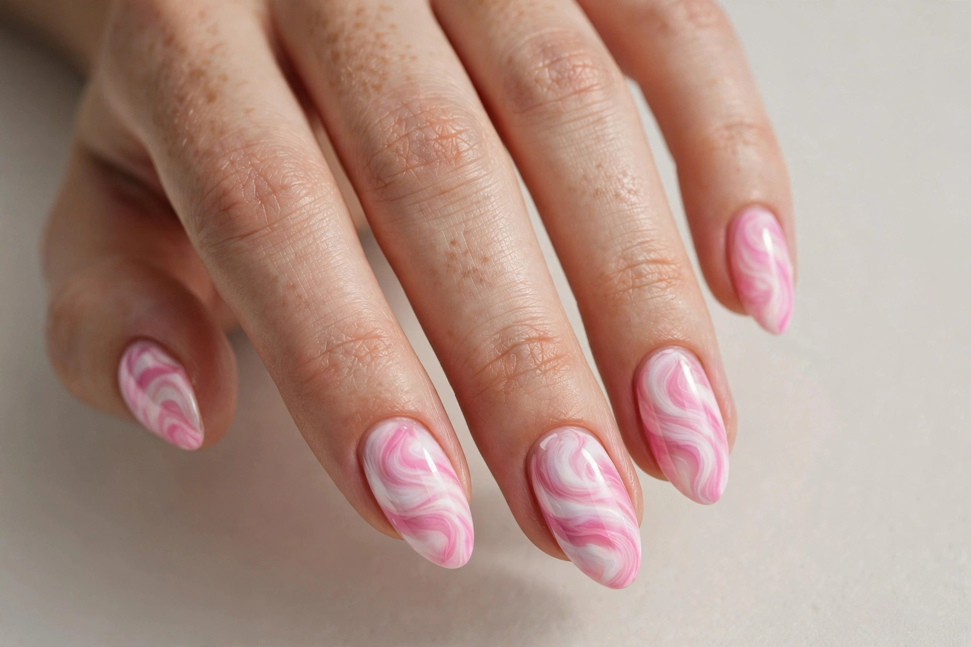 Close-up of a cotton candy pink swirl manicure with swirled pink and white