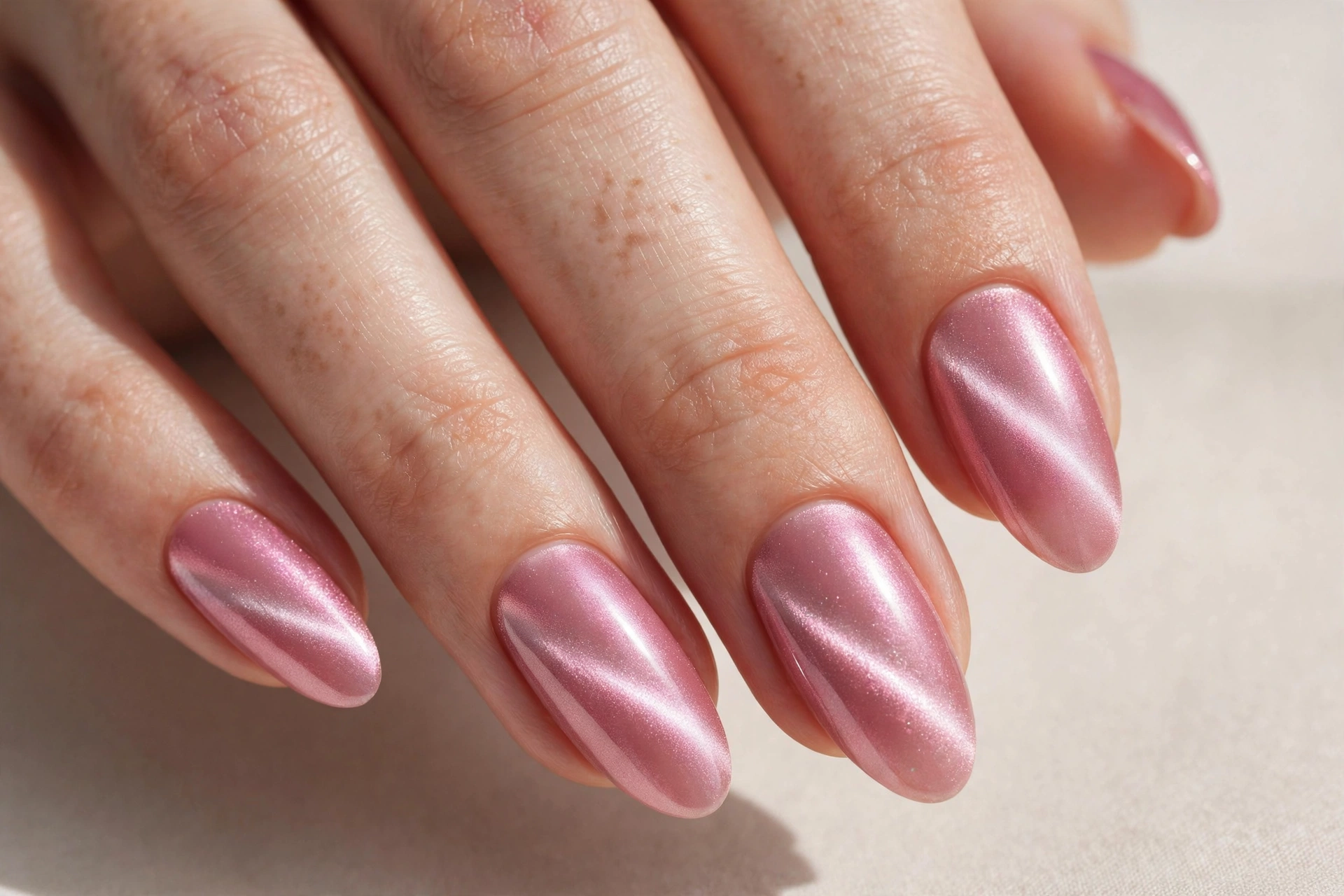 Close-up of a pink cat eye magnetic shimmer manicure with a diagonal light band