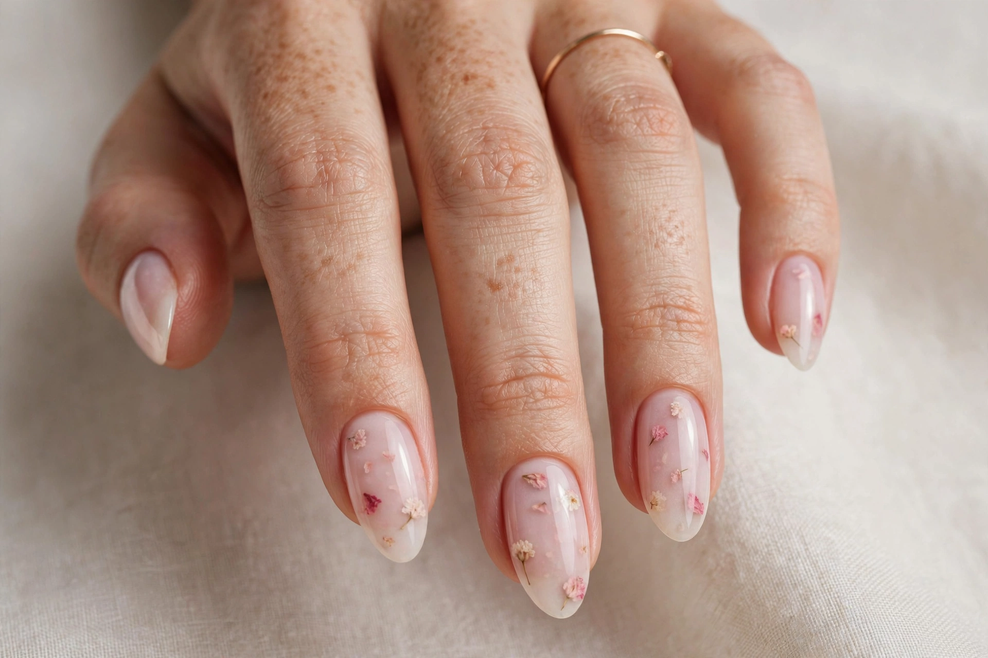 Close-up of a sheer milky pink milk bath manicure