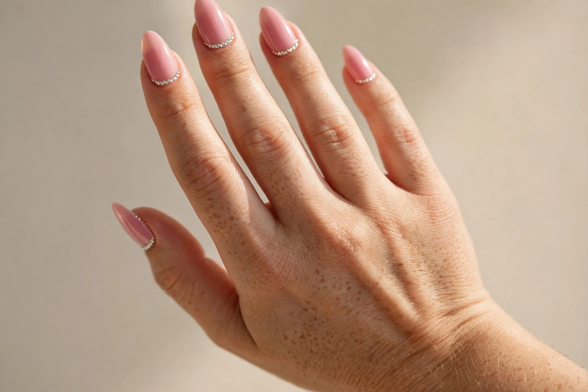 Close-up of a pink manicure decorated with tiny rhinestones along the cuticles