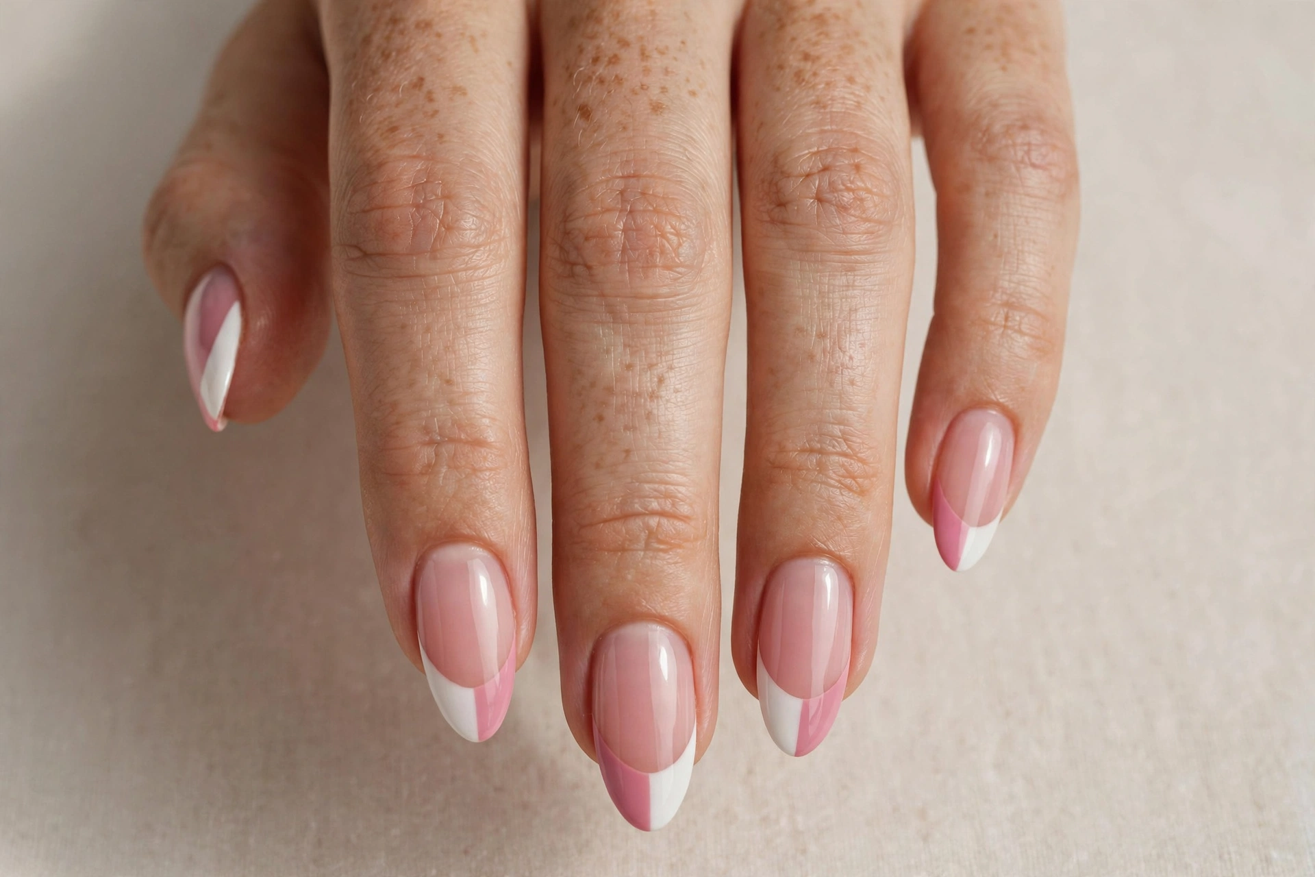 Close-up of a two-tone pink and white French tip manicure