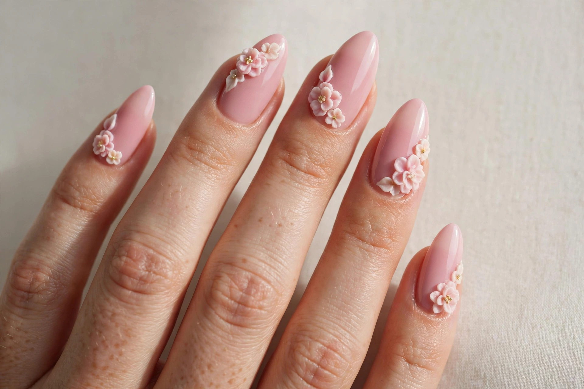 Close-up of a peony pink manicure with small 3D acrylic flower accents