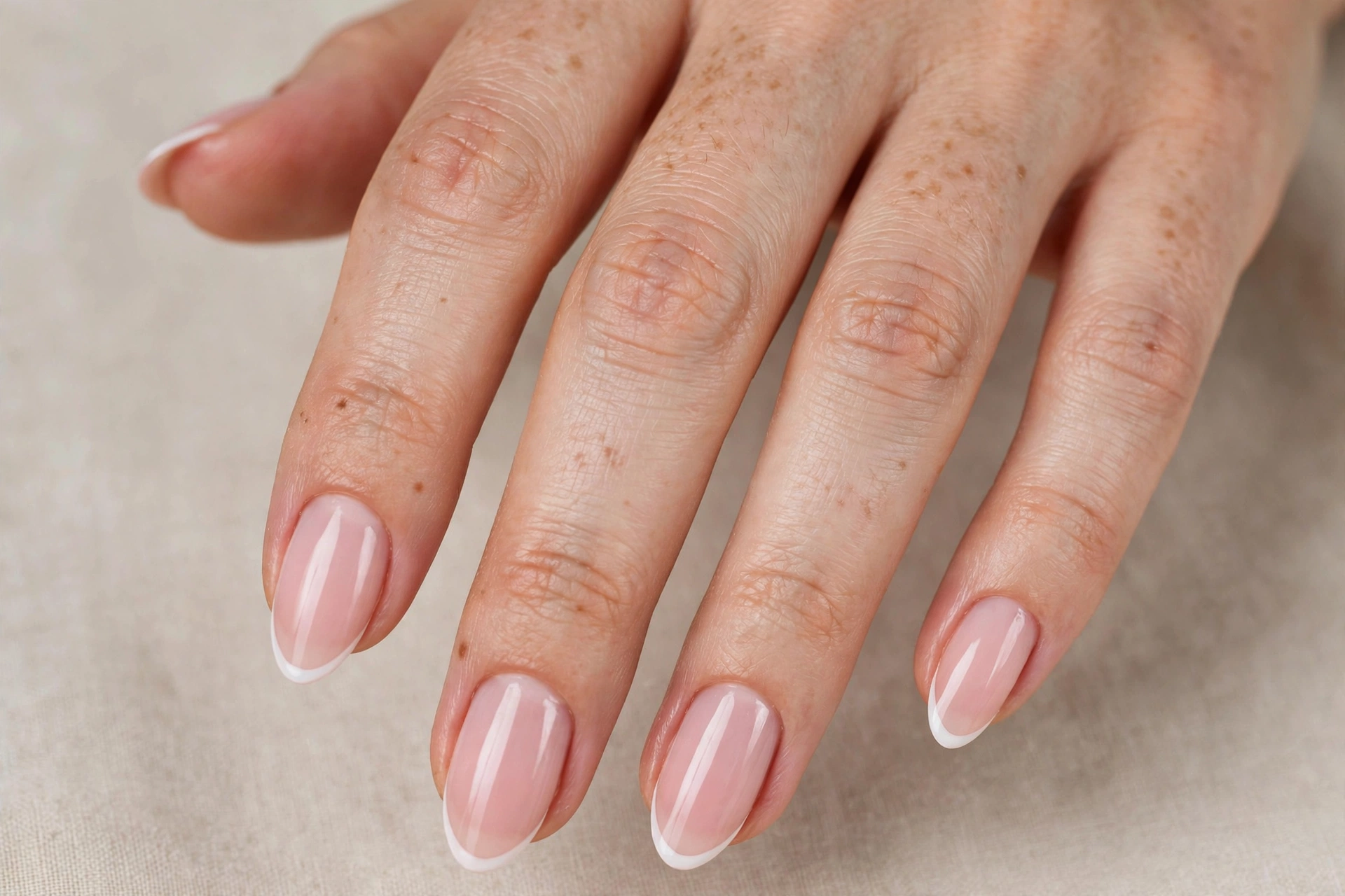 Close-up of a soft pink micro French tip manicure with ultra-thin white tips