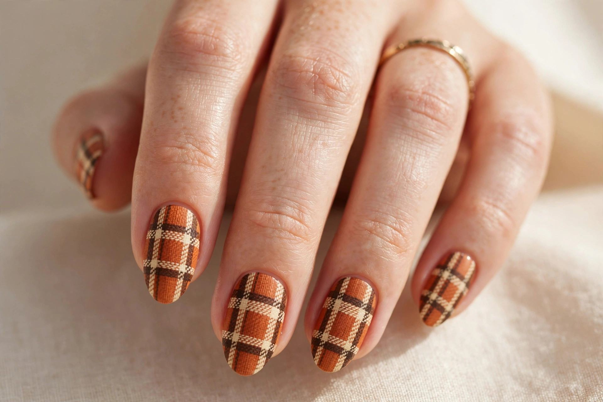 Cozy fall plaid nail art in burnt orange, cream and chocolate brown