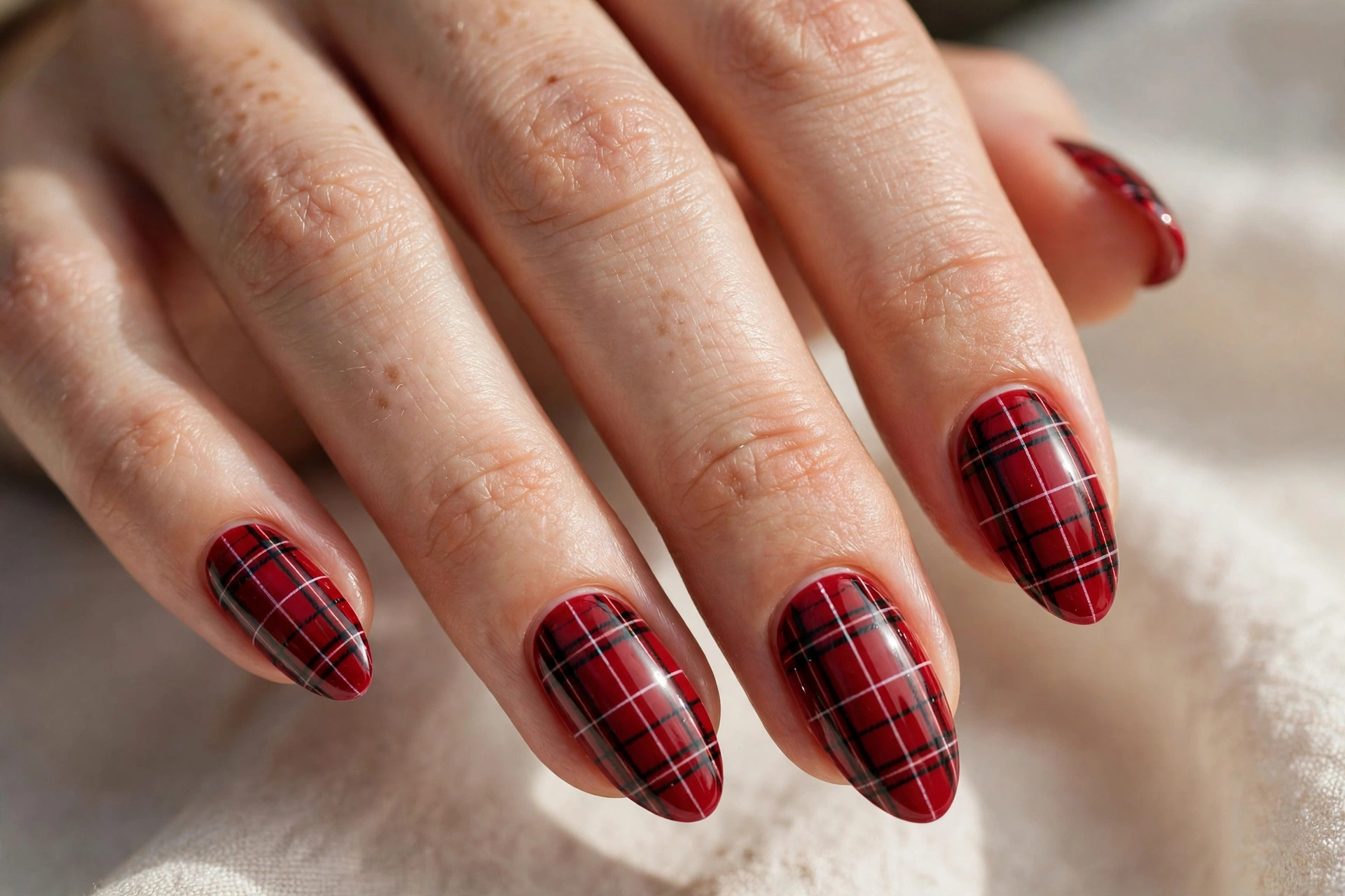 Almond shaped nails with classic red tartan plaid nail art