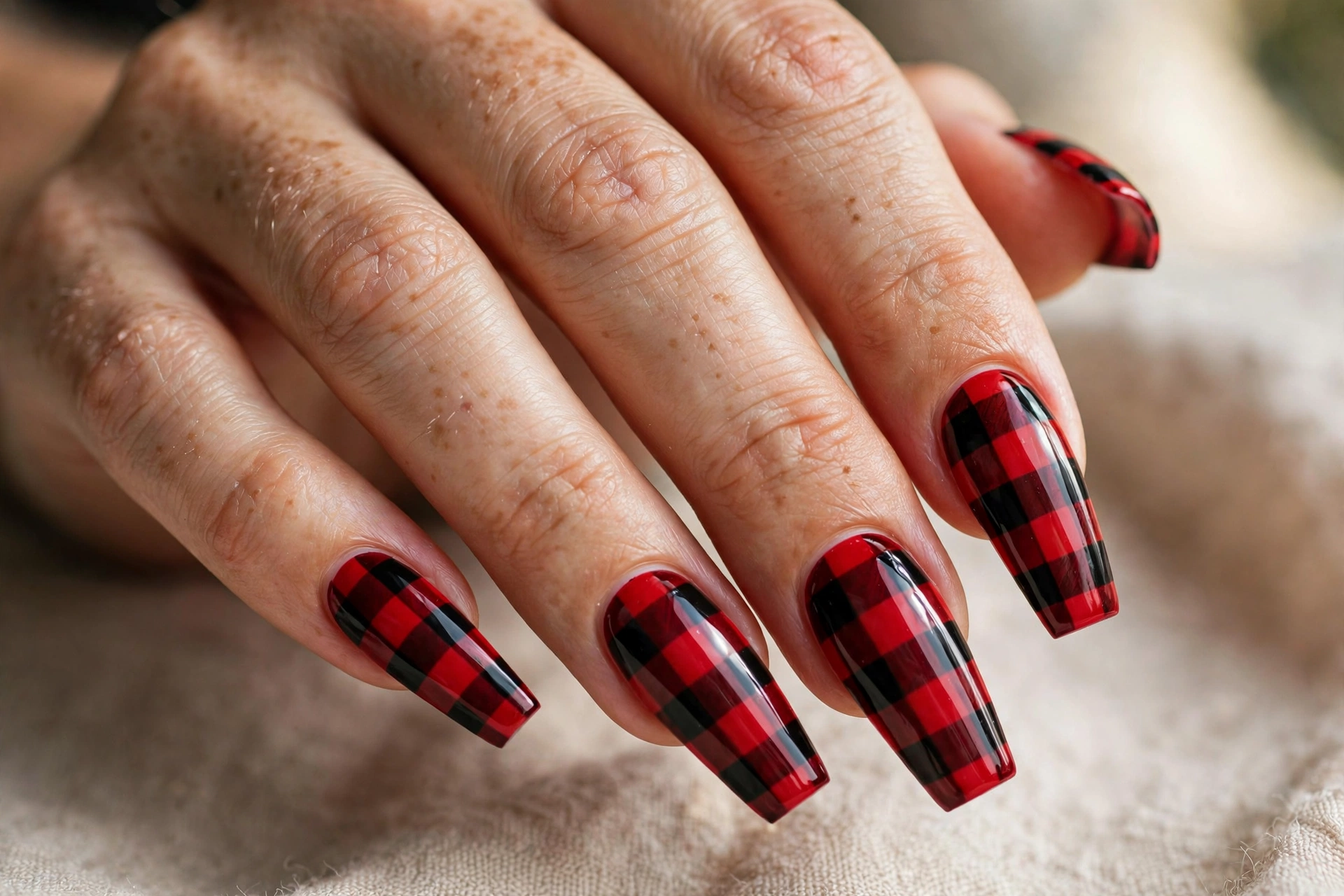 Coffin shaped nails with red and black buffalo check nail art