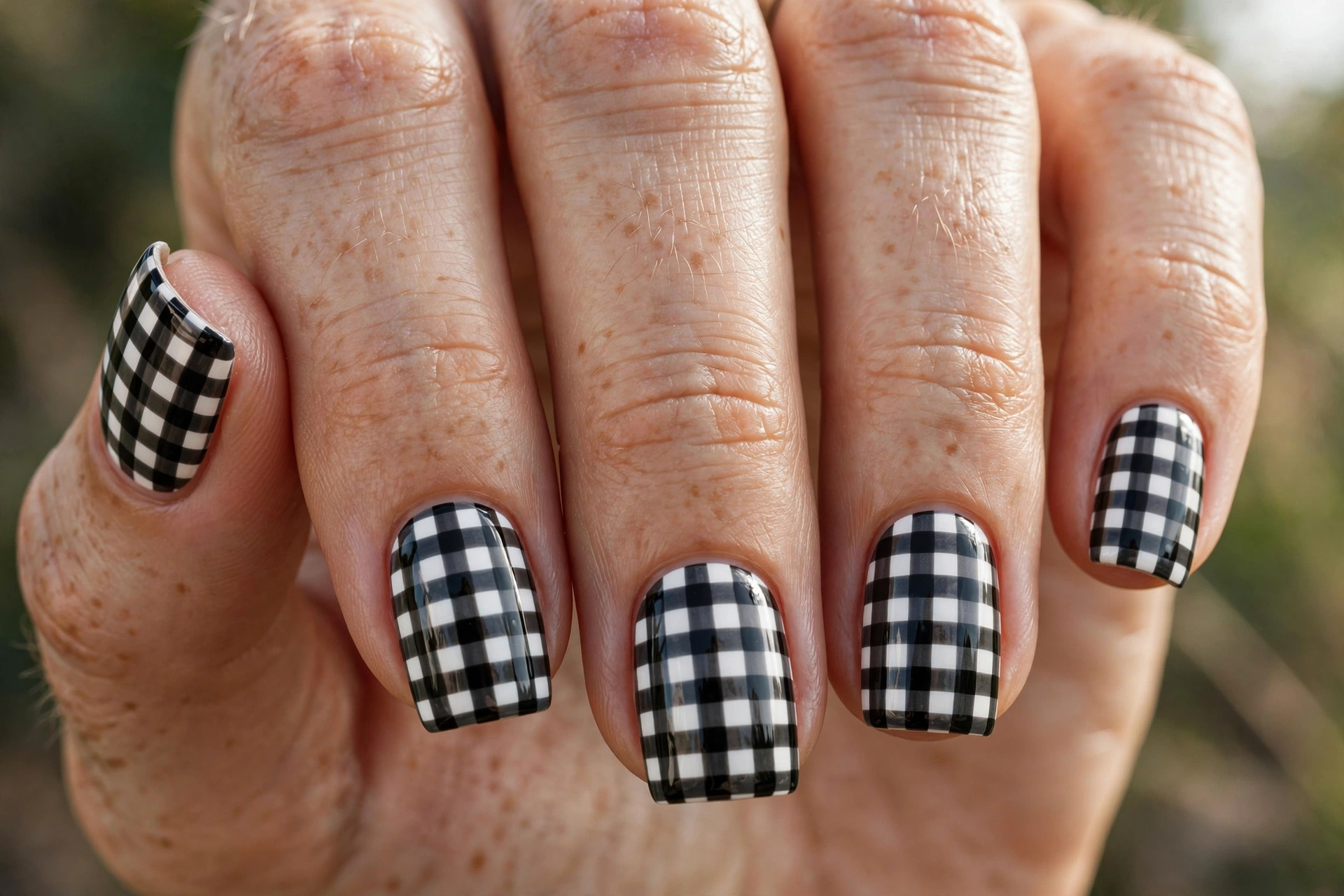 Square shaped nails with black and white gingham nail art