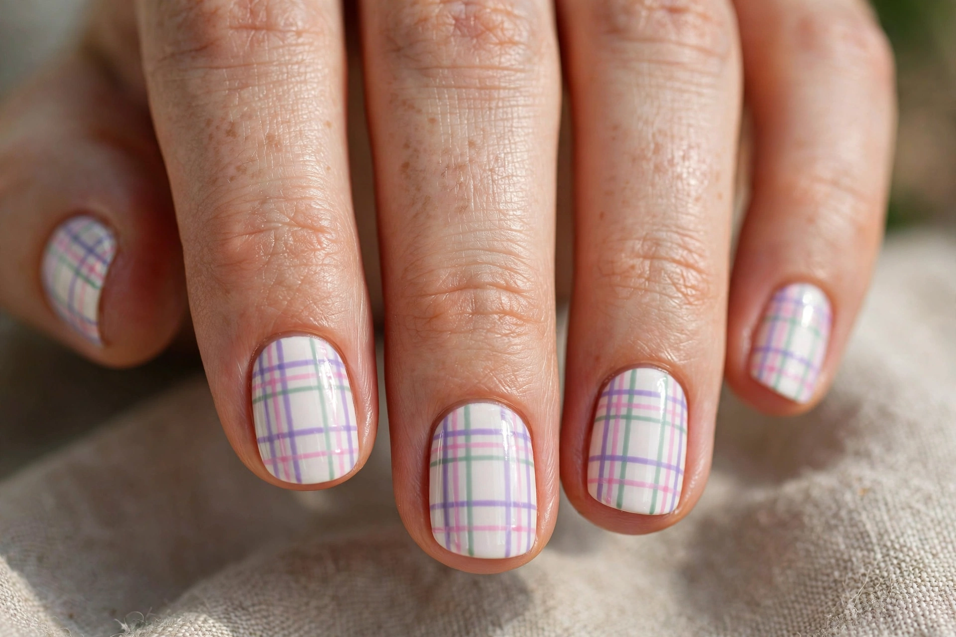 Short round nails with pastel plaid nail art