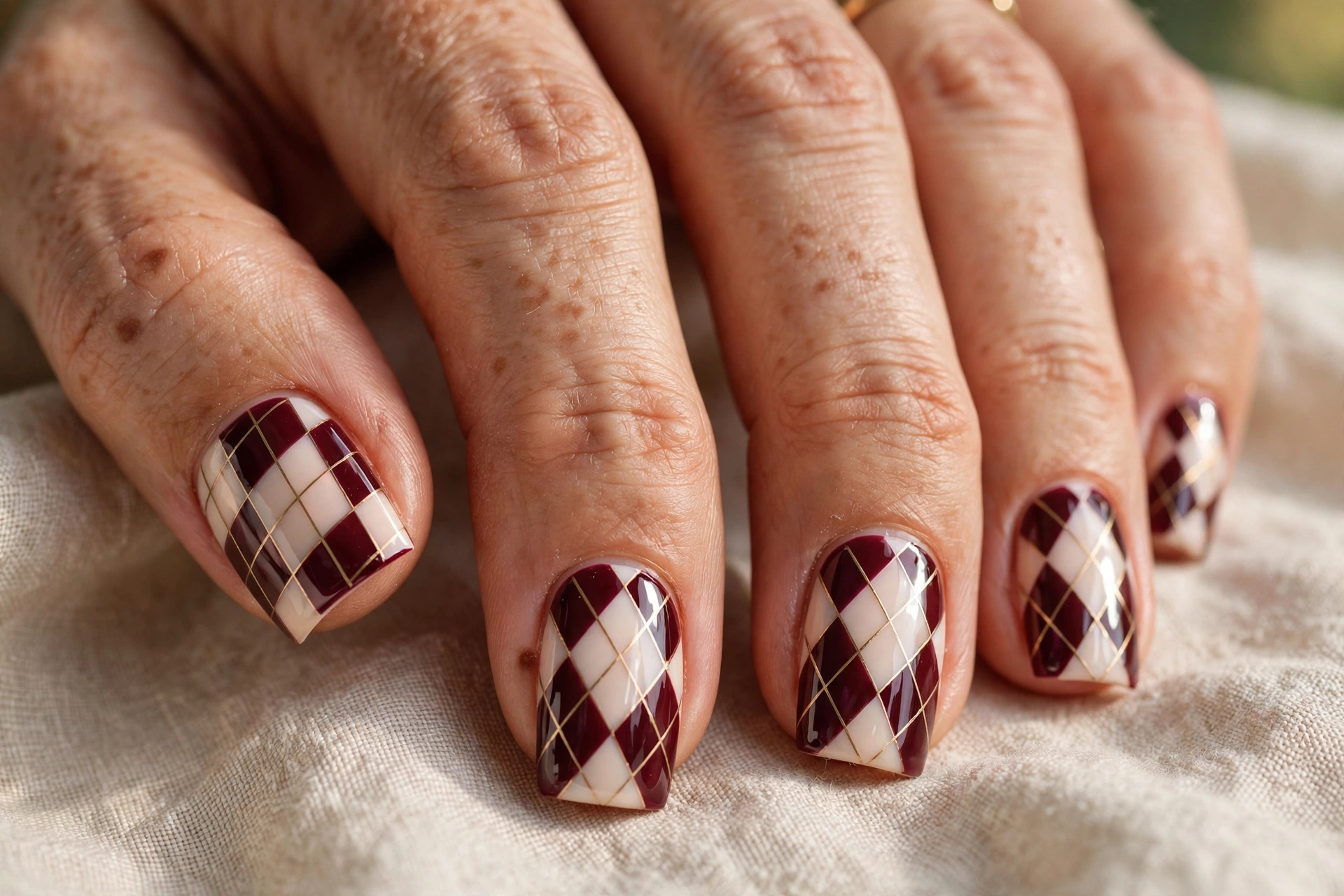 Square shaped nails with burgundy and cream argyle nail art