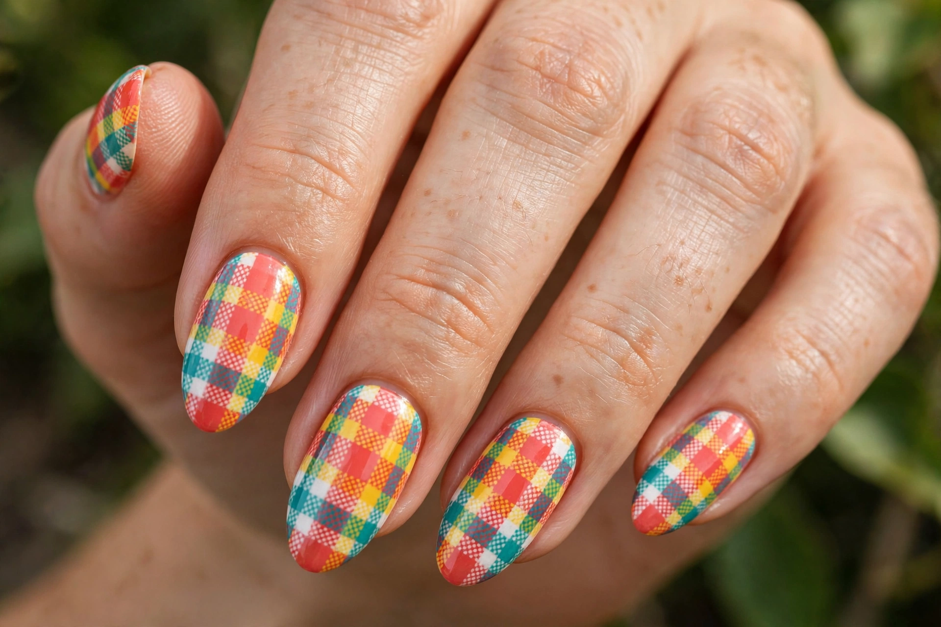 Almond shaped nails with colorful madras plaid nail art