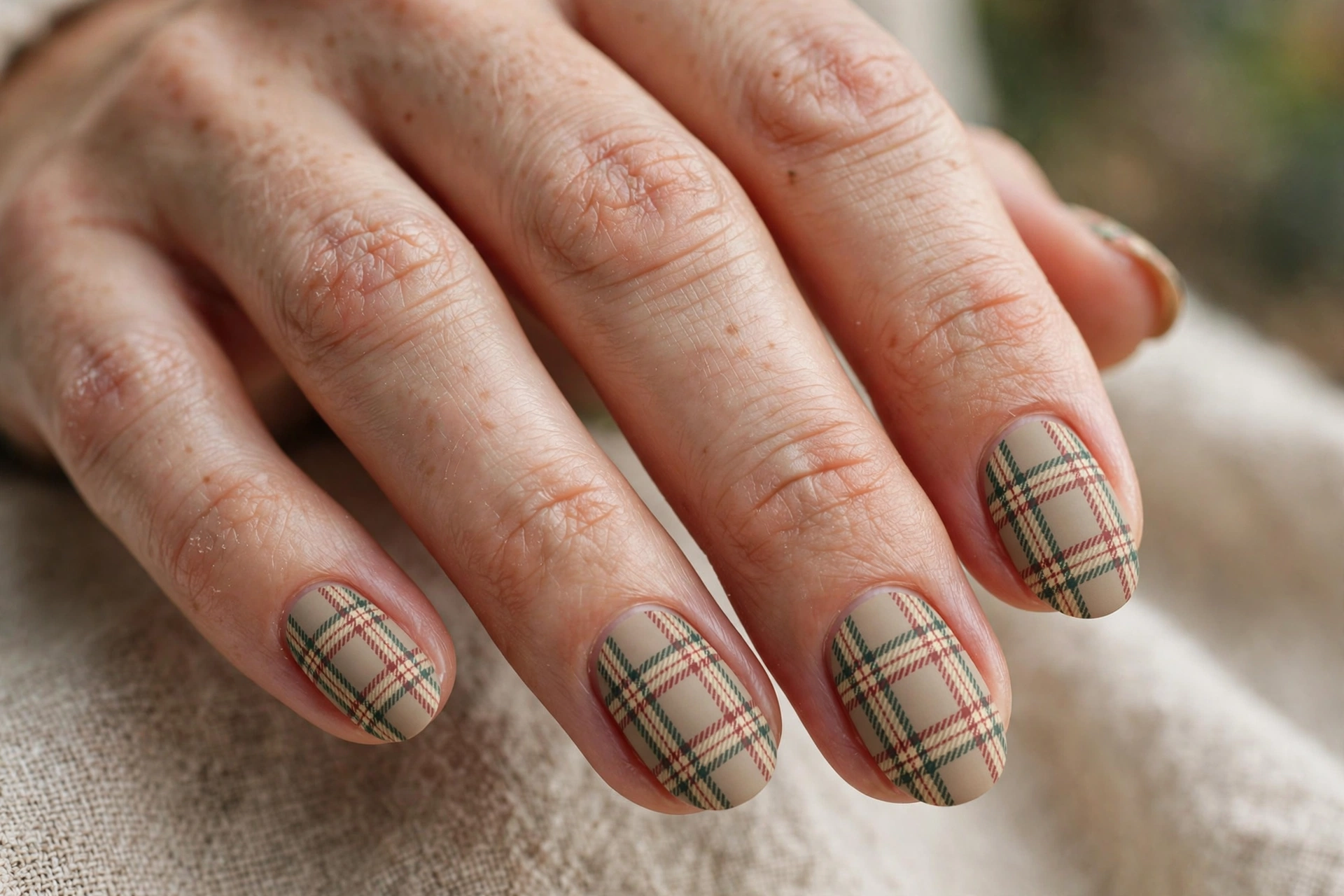Oval shaped nails with flannel-inspired plaid nail art