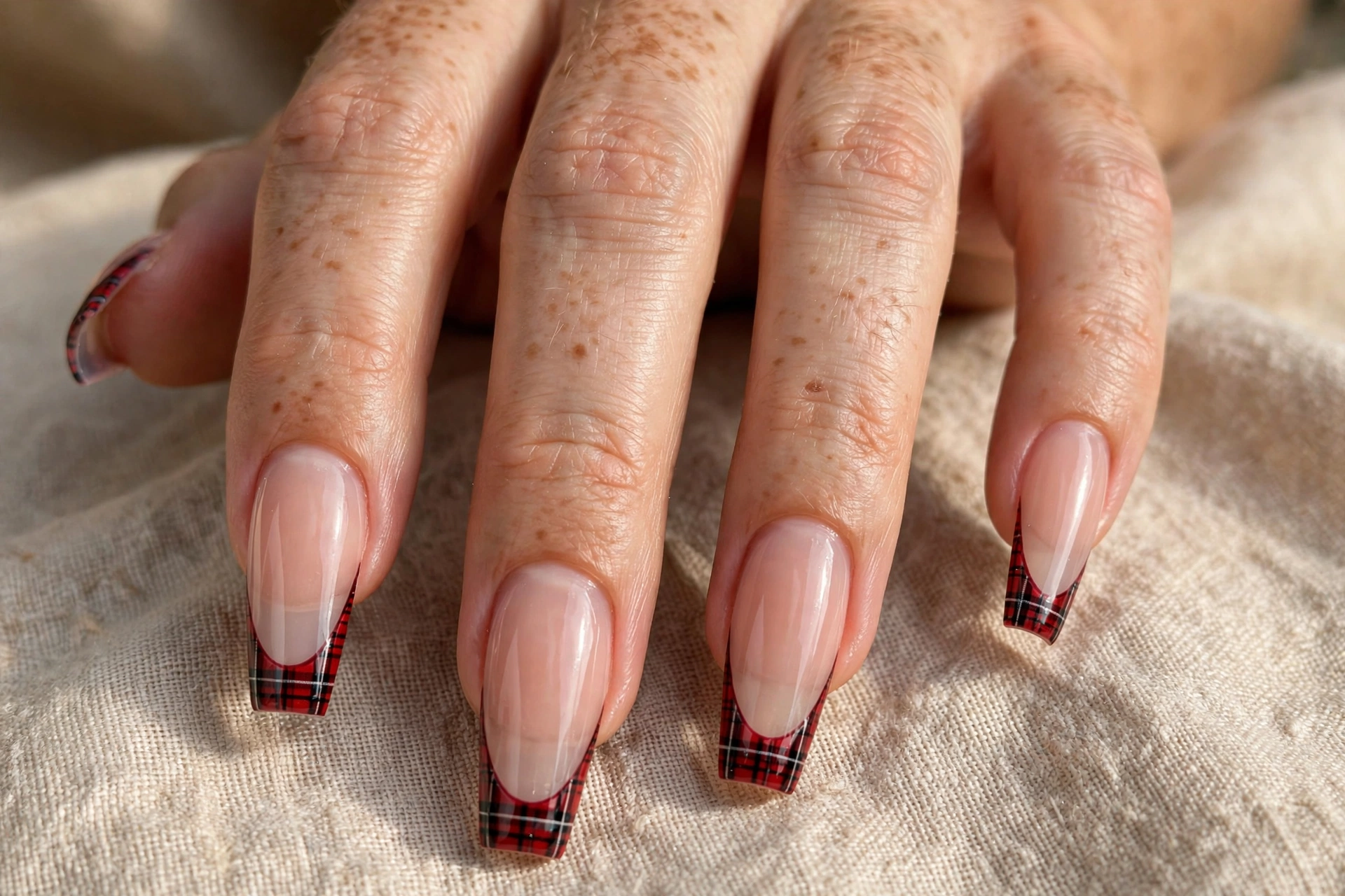 Coffin shaped nails with plaid pattern french tips