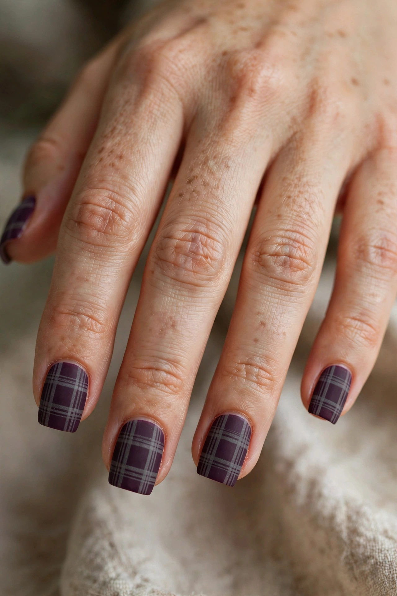 Square shaped nails with matte finish plaid nail art