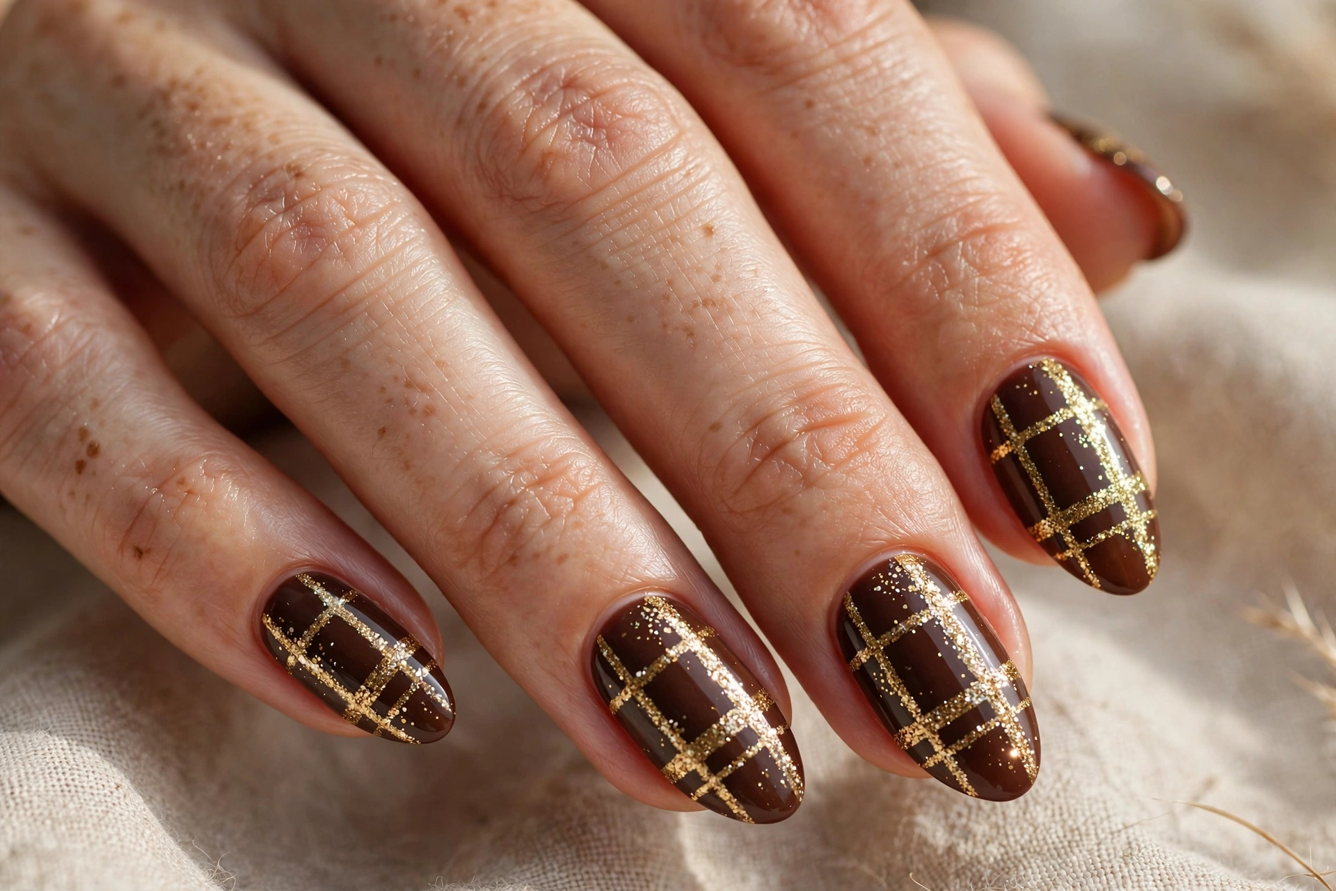 Almond shaped nails with gold glitter plaid nail art