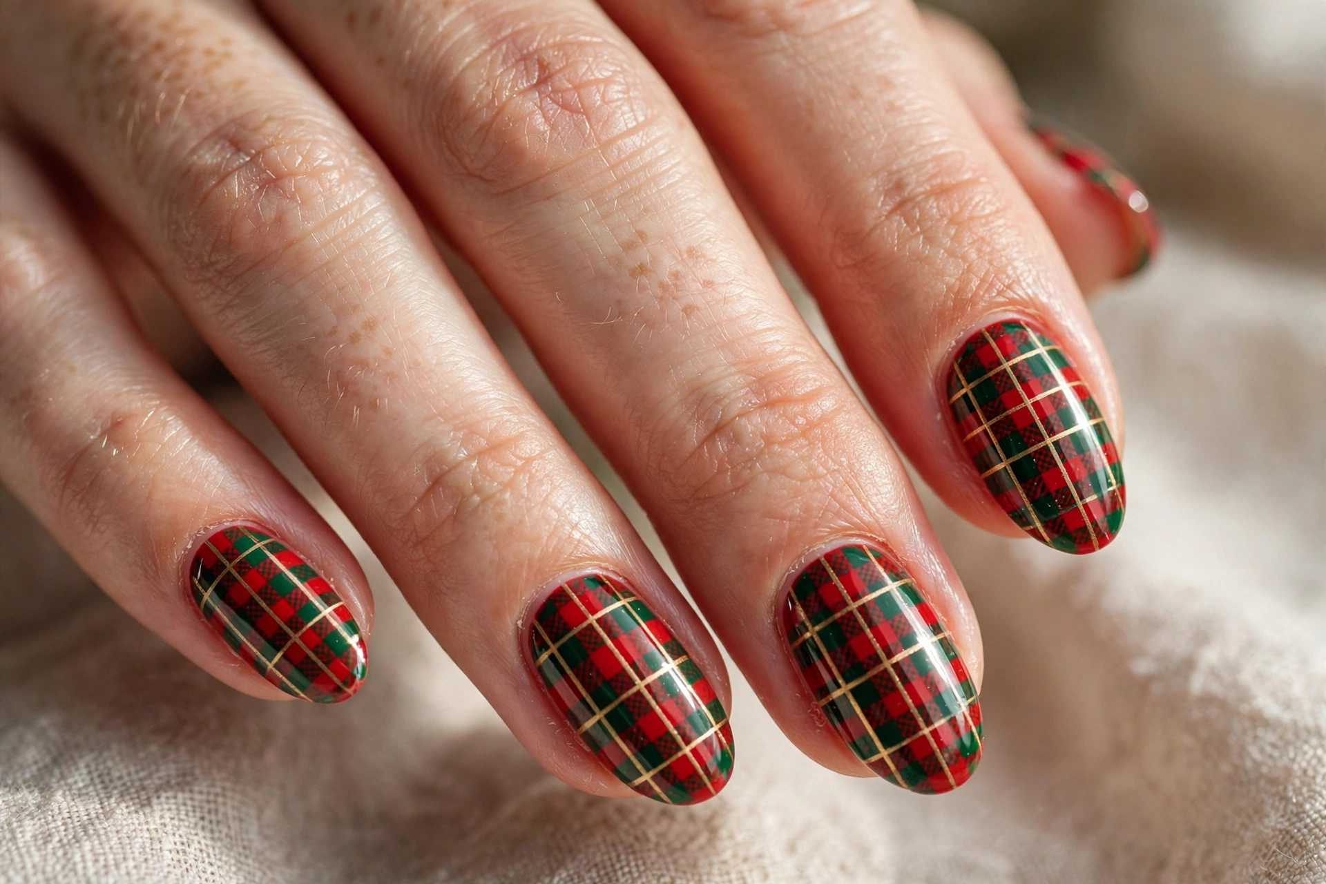 Oval shaped nails with red and green holiday plaid nail art