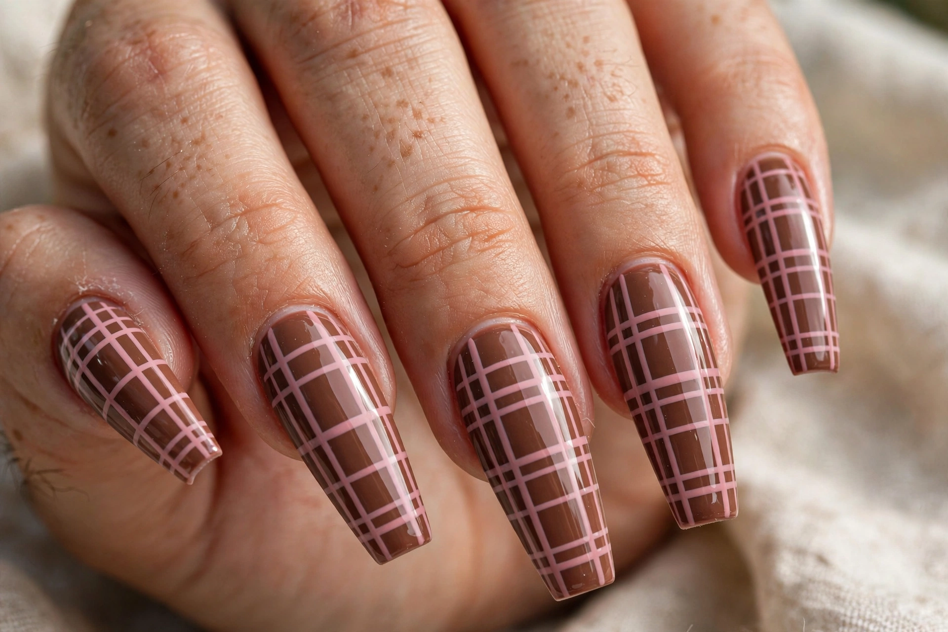 Coffin shaped nails with pink and brown plaid nail art