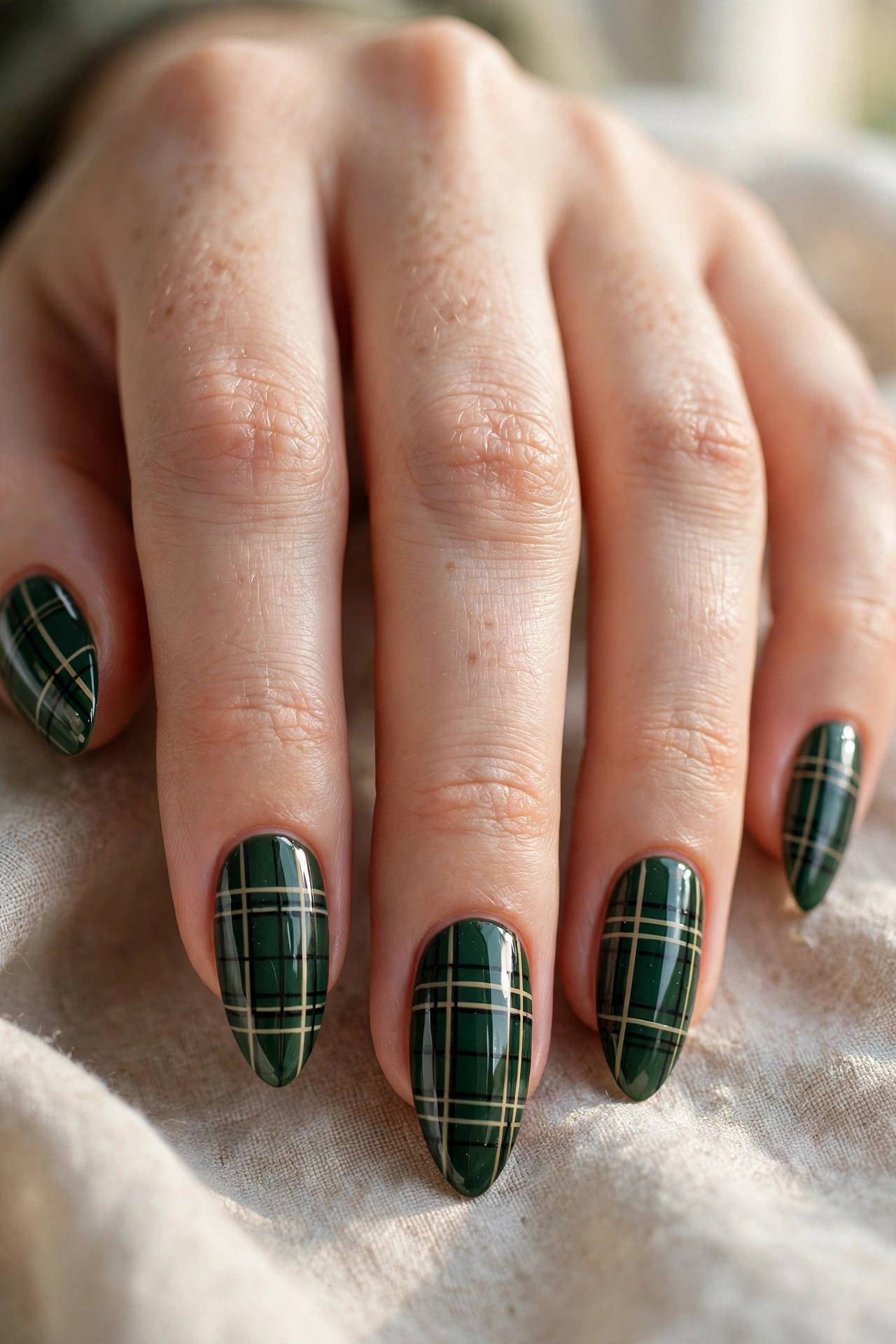 Almond shaped nails with forest green plaid nail art