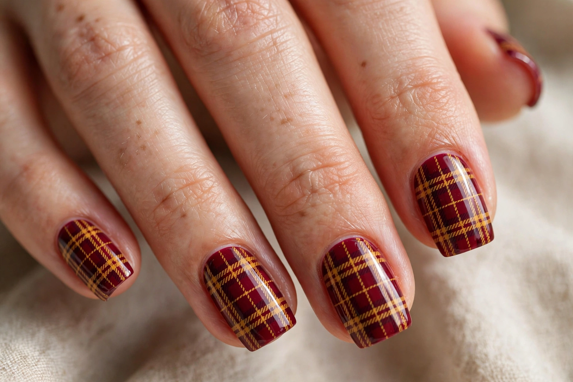 Square shaped nails with mustard yellow and burgundy plaid nail art