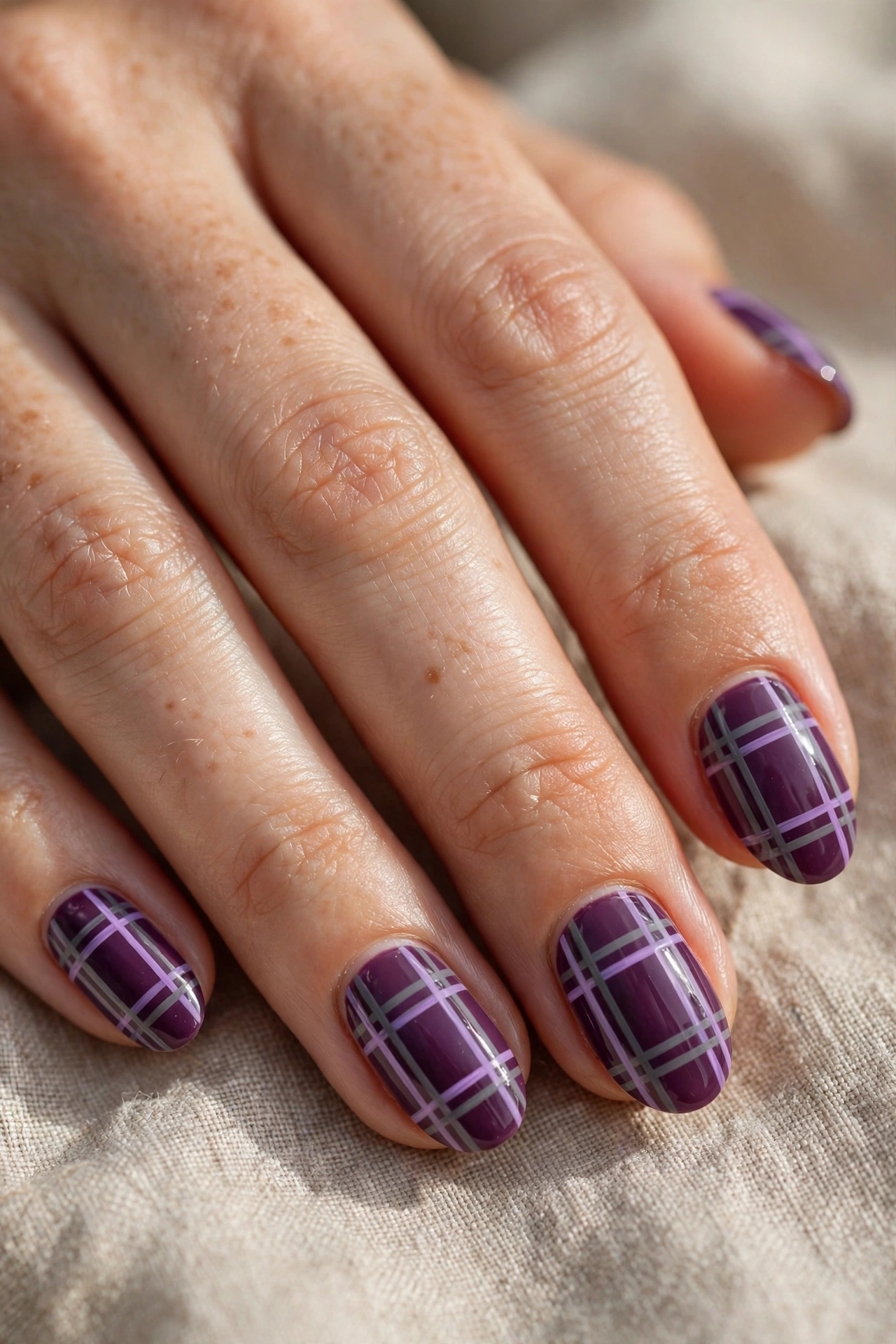 Oval shaped nails with purple plaid nail art
