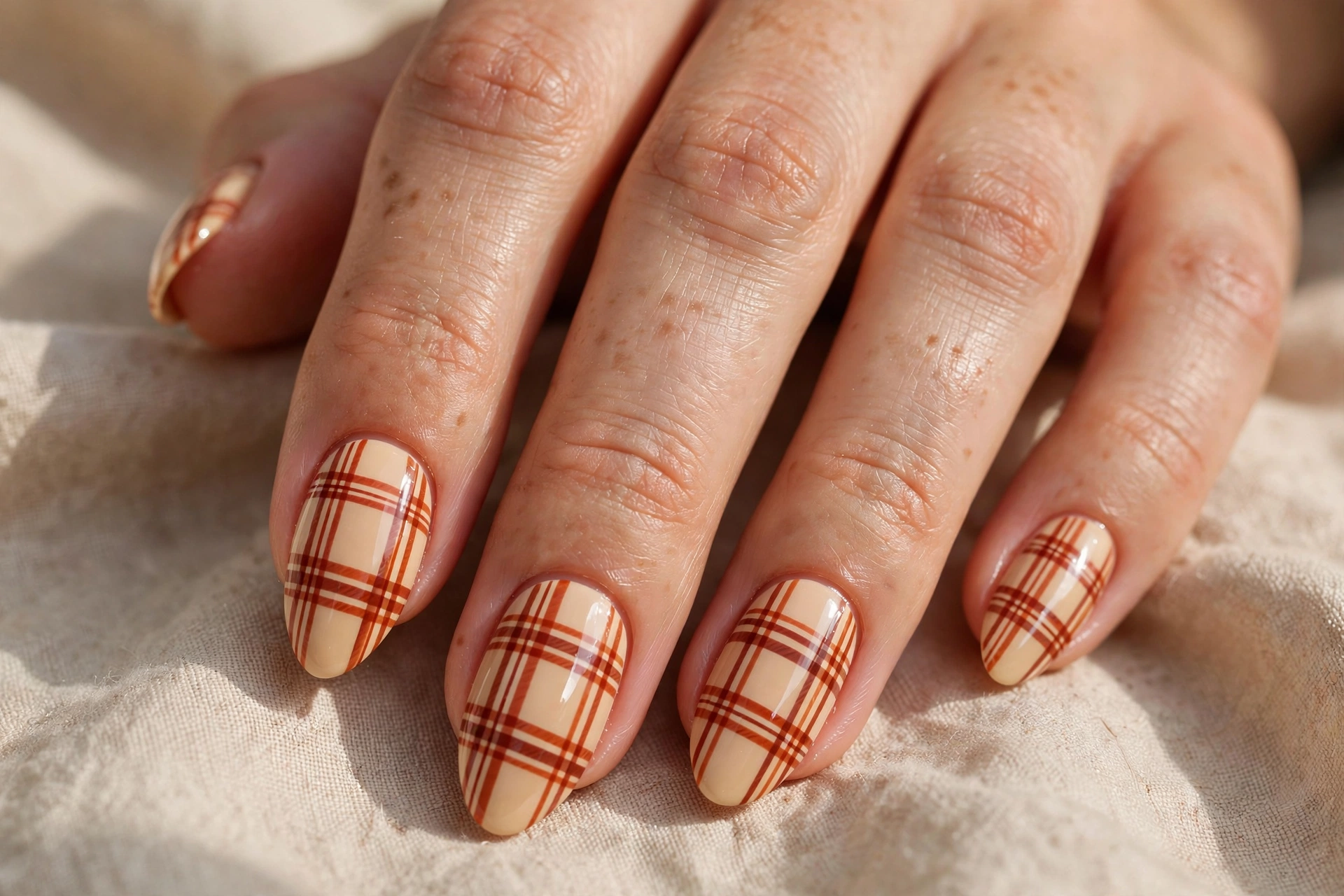 Almond shaped nails with burnt orange plaid nail art