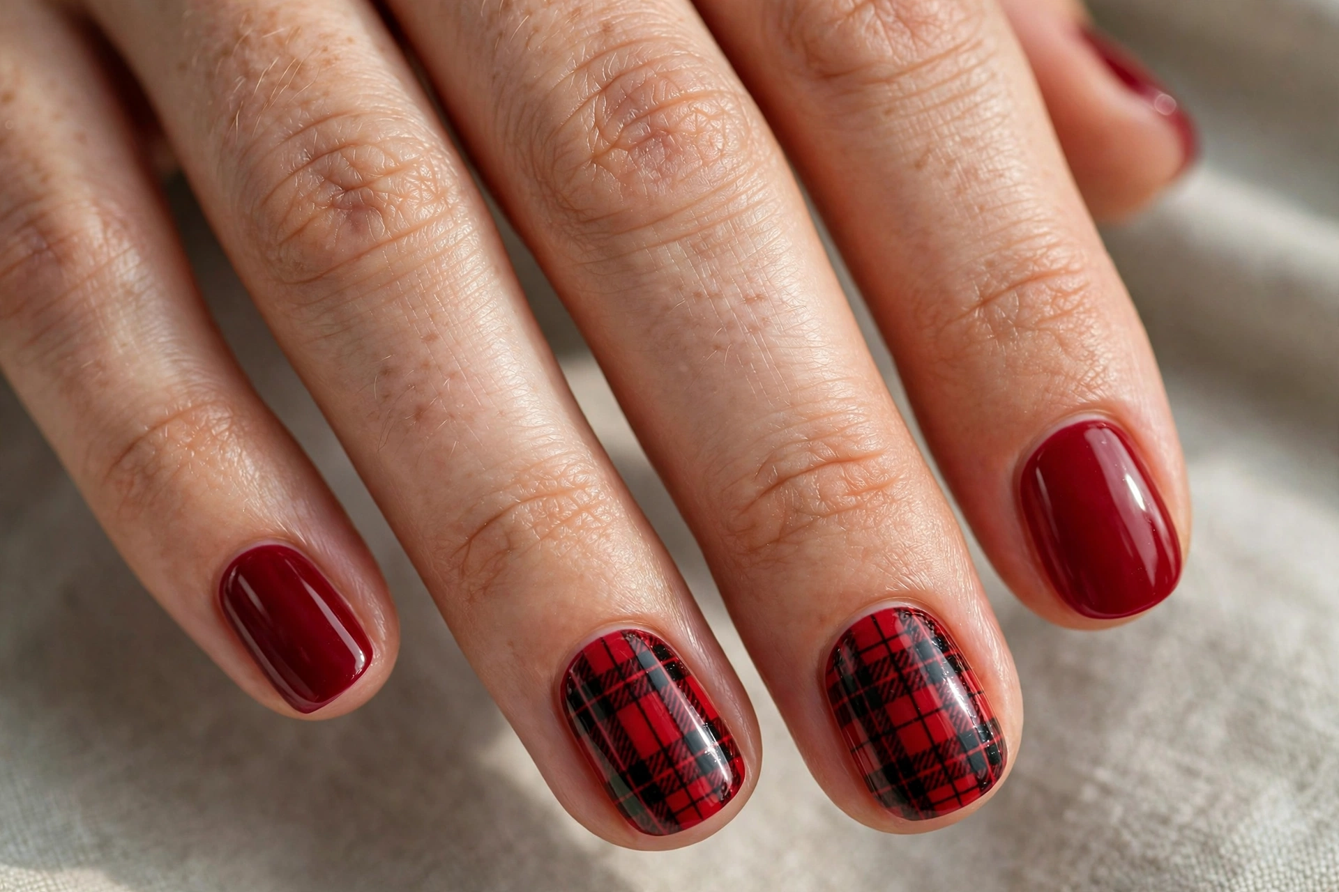 Short round nails with plaid accent nails and solid polish