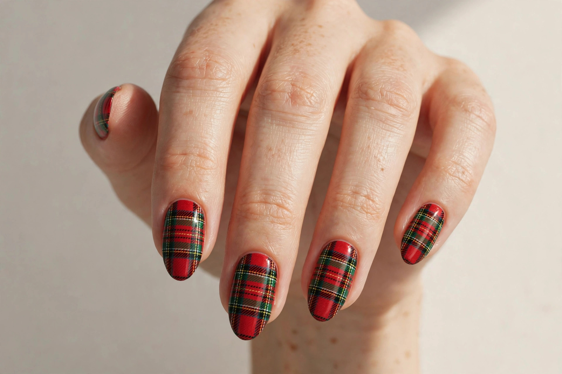 Almond nails with red and green tartan plaid pattern