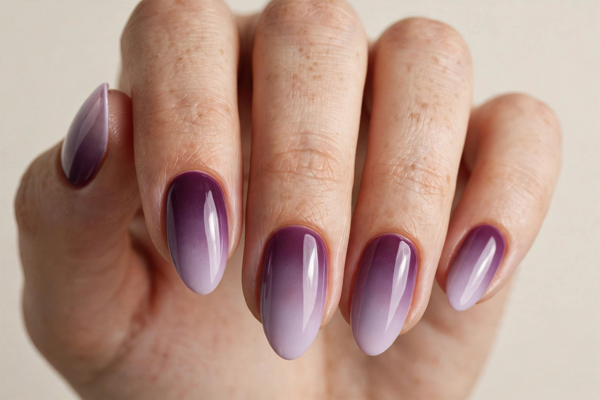 Plum ombre fade manicure blending deep purple into pale lilac