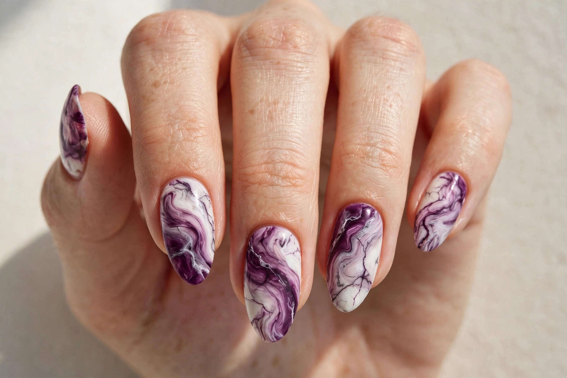Plum purple and white marble swirl nail art with stone veining