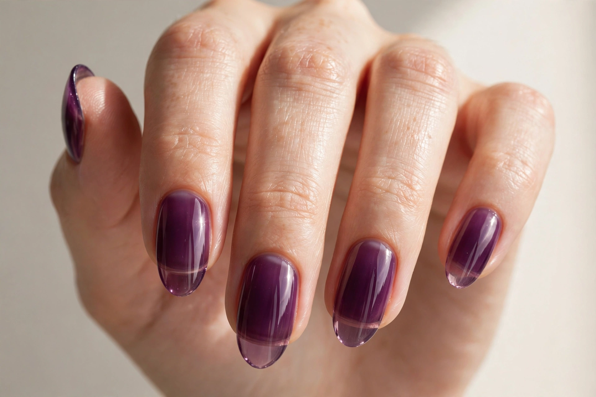 Translucent deep plum jelly nails with sheer glass-like finish