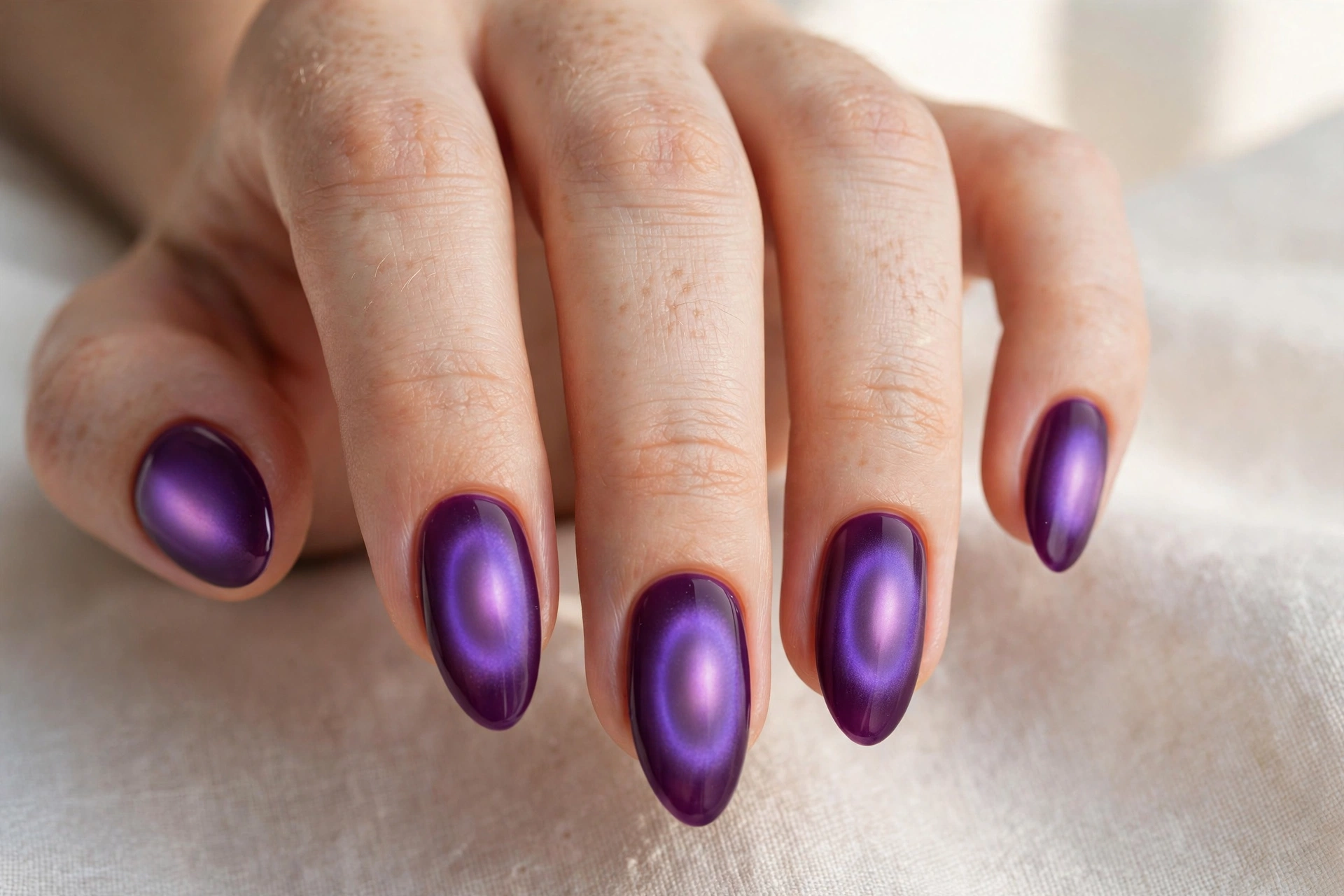 Plum aura nails with soft glowing violet halo in the center
