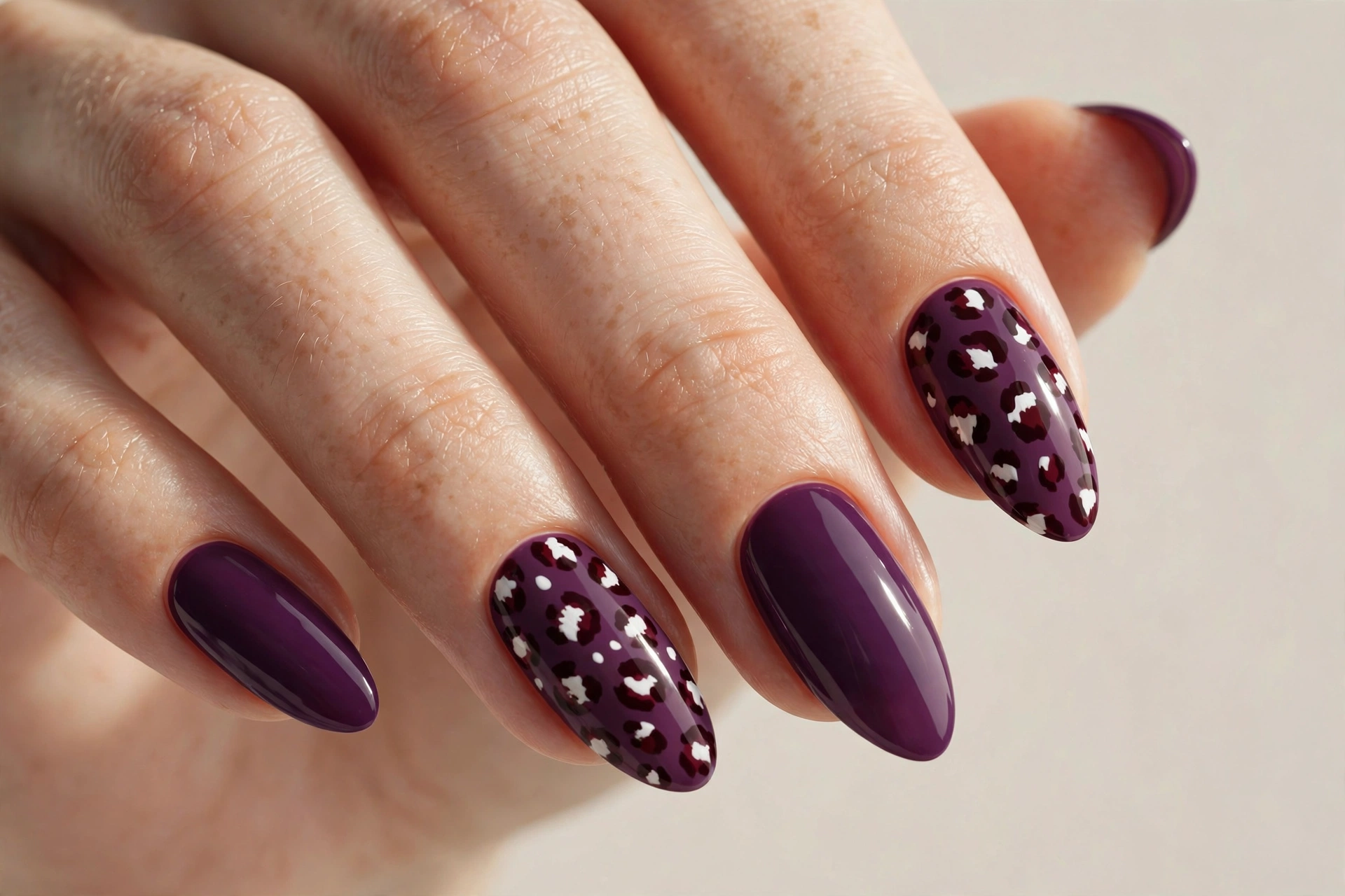 Plum nails with subtle leopard print pattern in dark wine and white