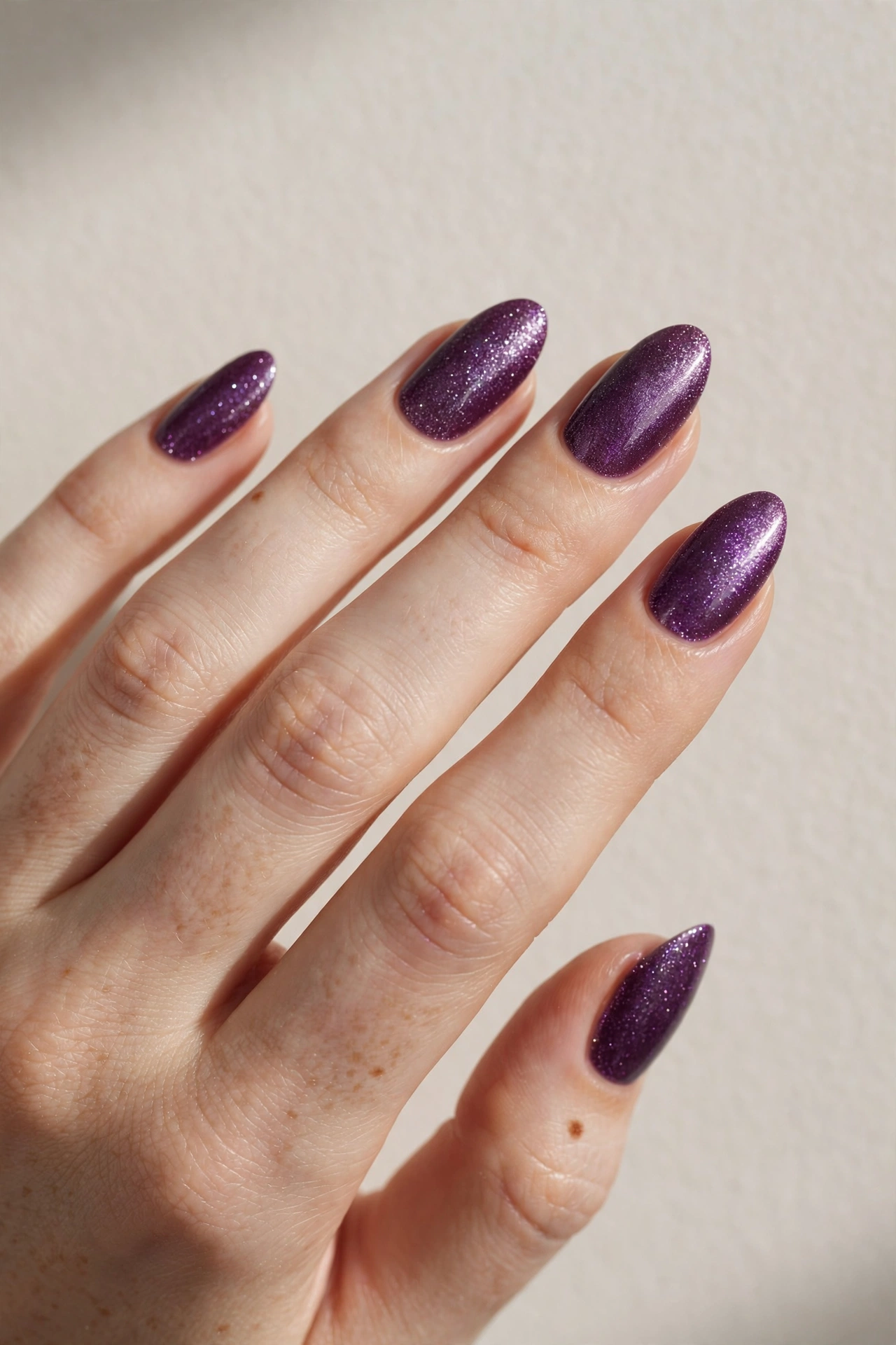 Shimmer plum manicure with fine sparkling glitter finish