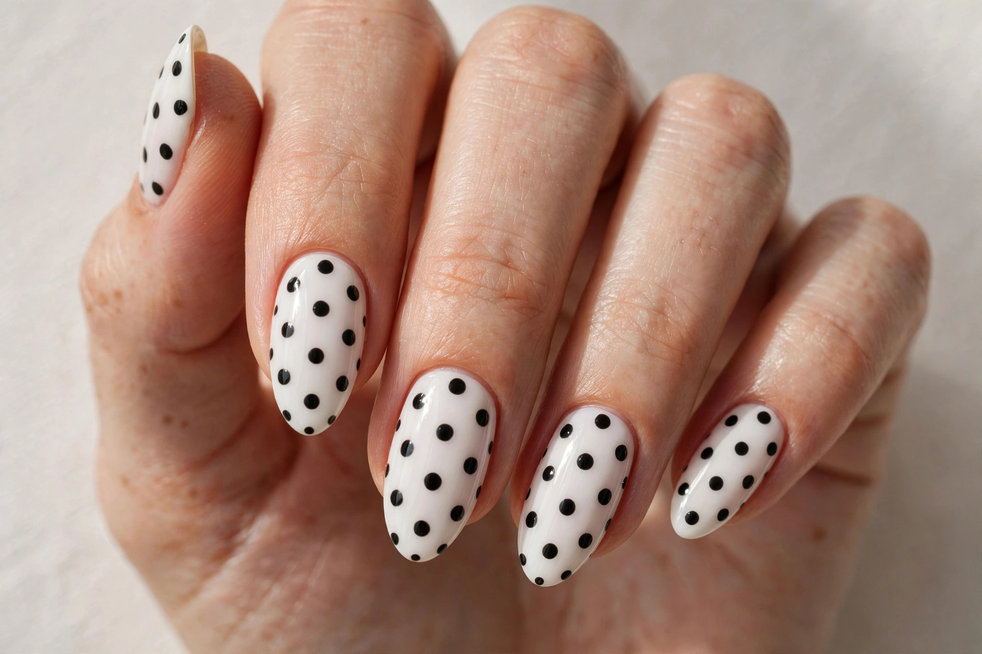 Classic black polka dots on a glossy white manicure