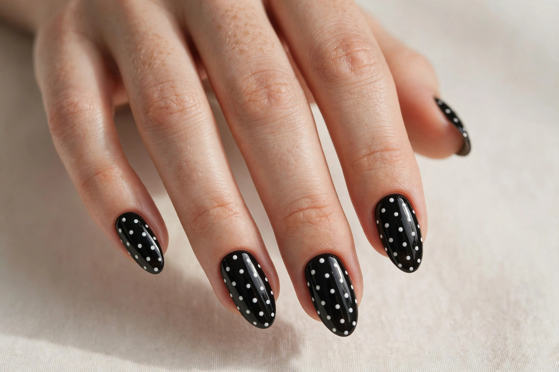 White polka dots on a glossy black manicure