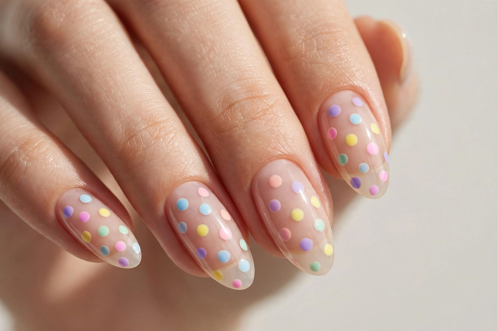 Pastel rainbow polka dots on a sheer nude manicure