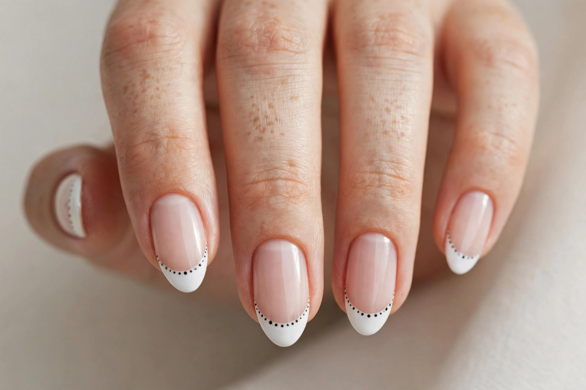 White french tip manicure with tiny black polka dots along the tips