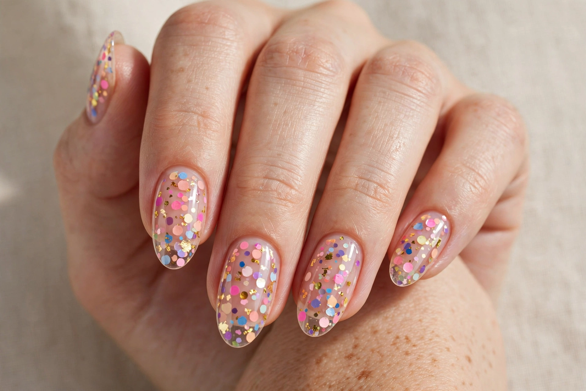 Colorful confetti polka dots on a clear glossy manicure
