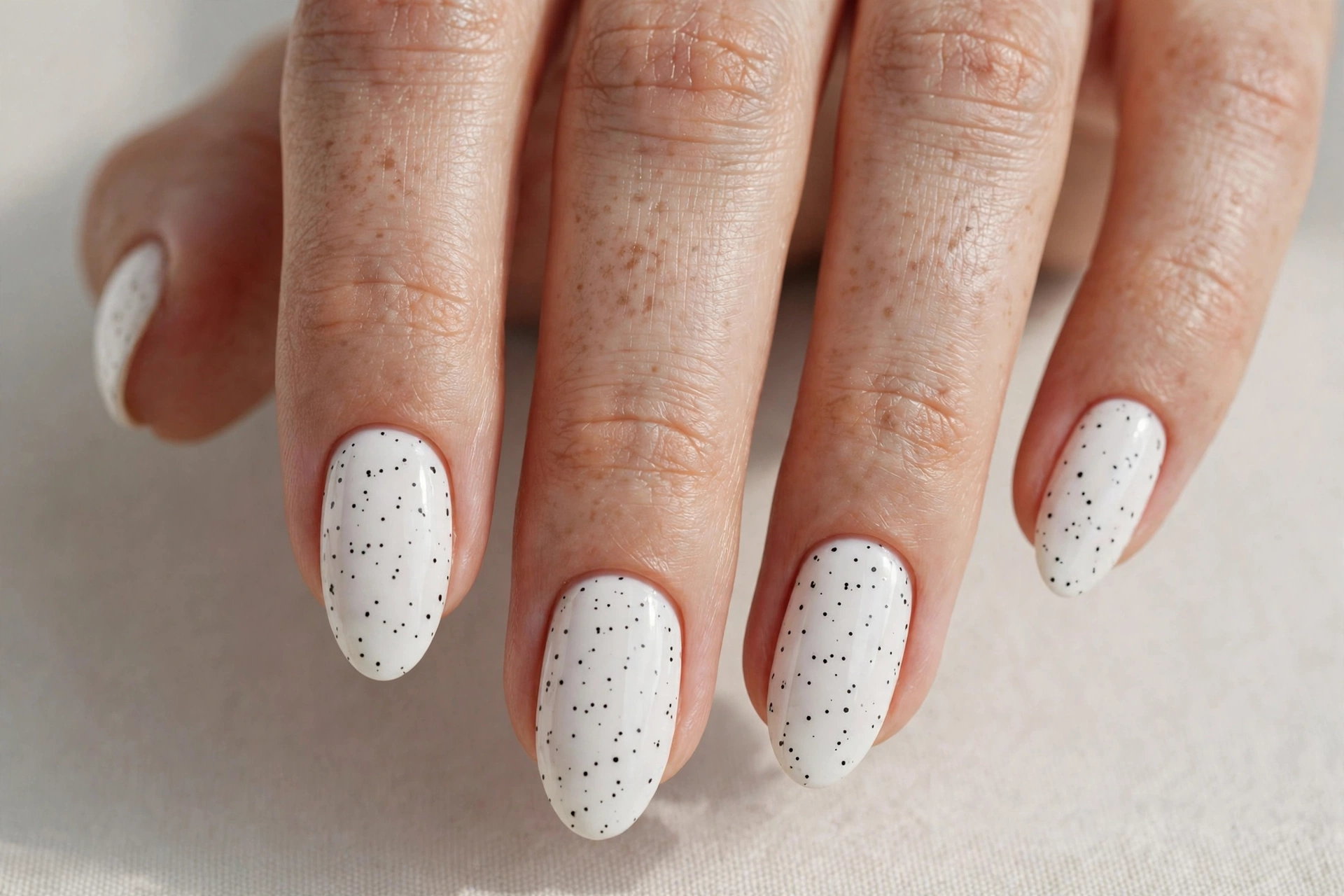 Tiny monochrome micro polka dots on a white manicure