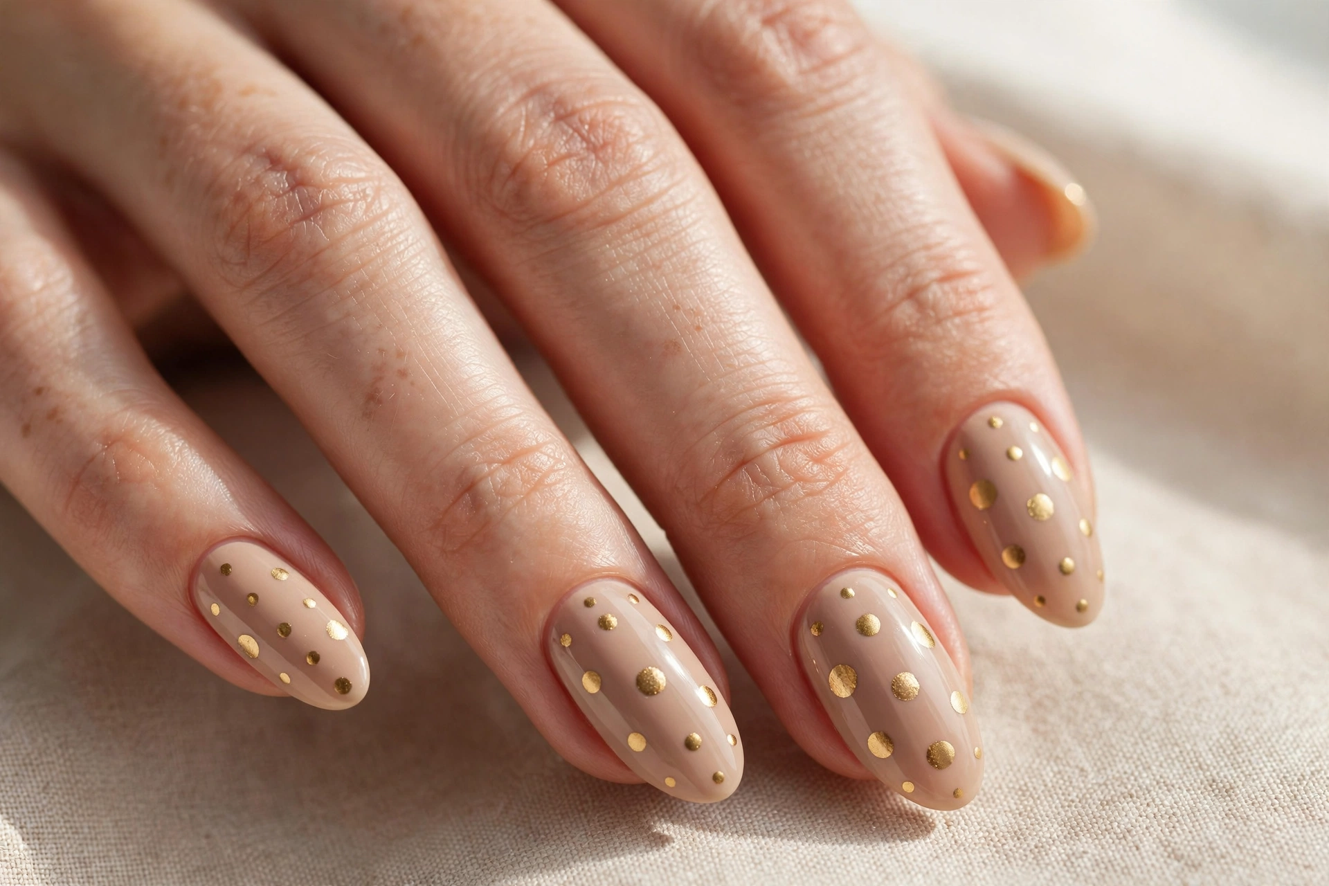 Elegant gold polka dots on a nude beige manicure