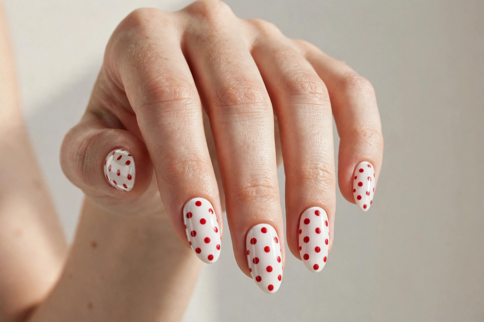 Retro red polka dots on a glossy white manicure