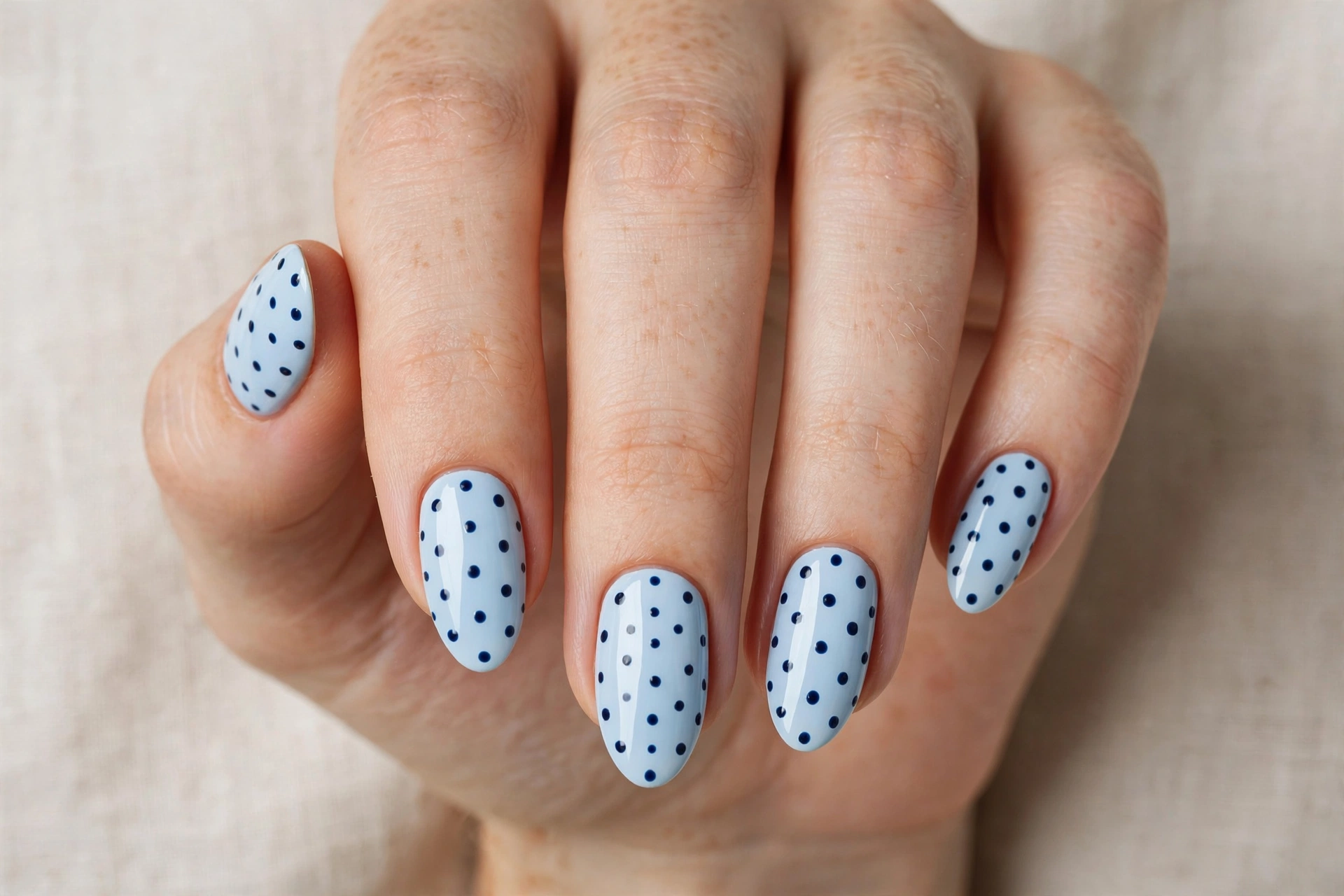 Navy blue polka dots on a light baby blue manicure