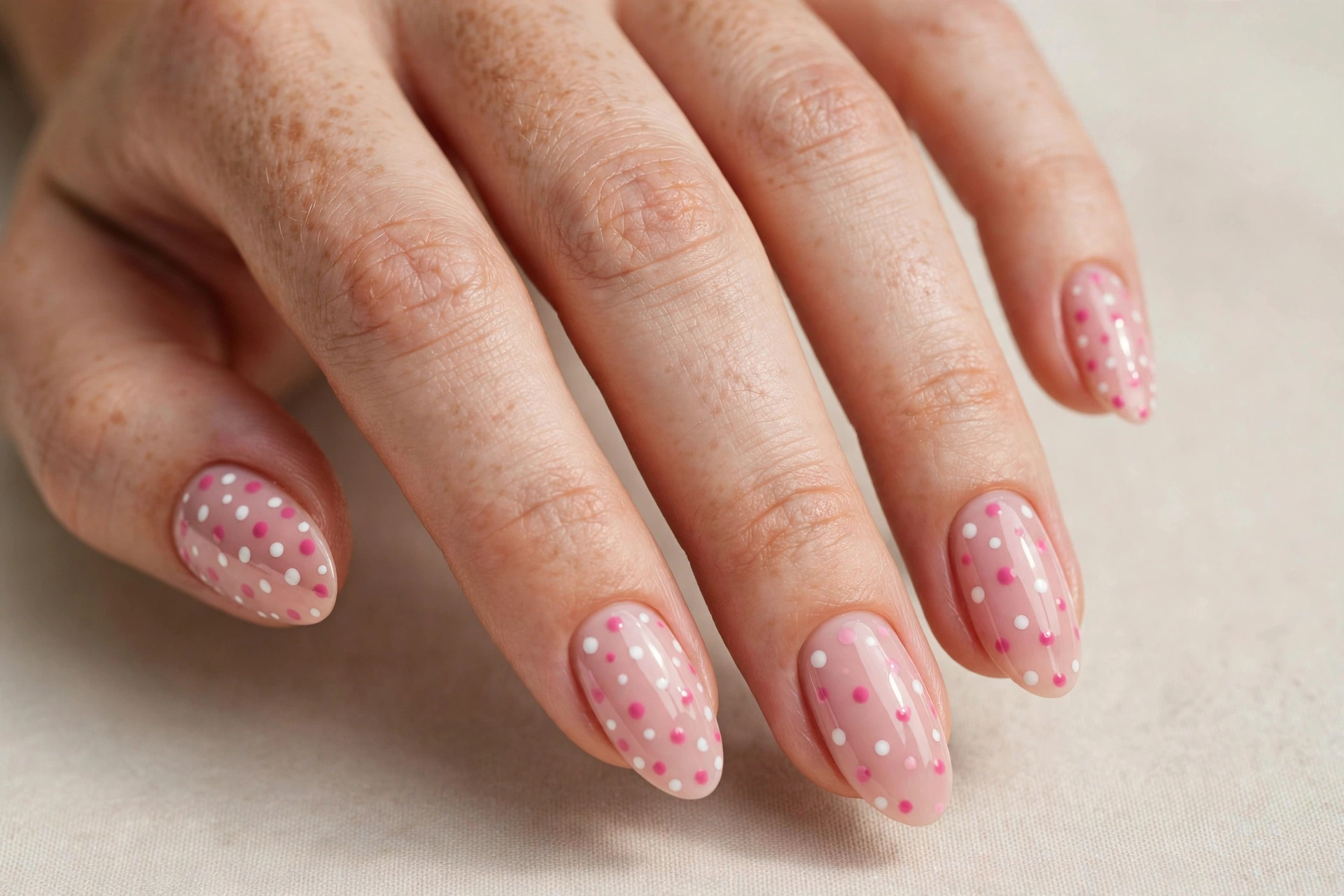 Pink and white polka dots on a soft blush manicure
