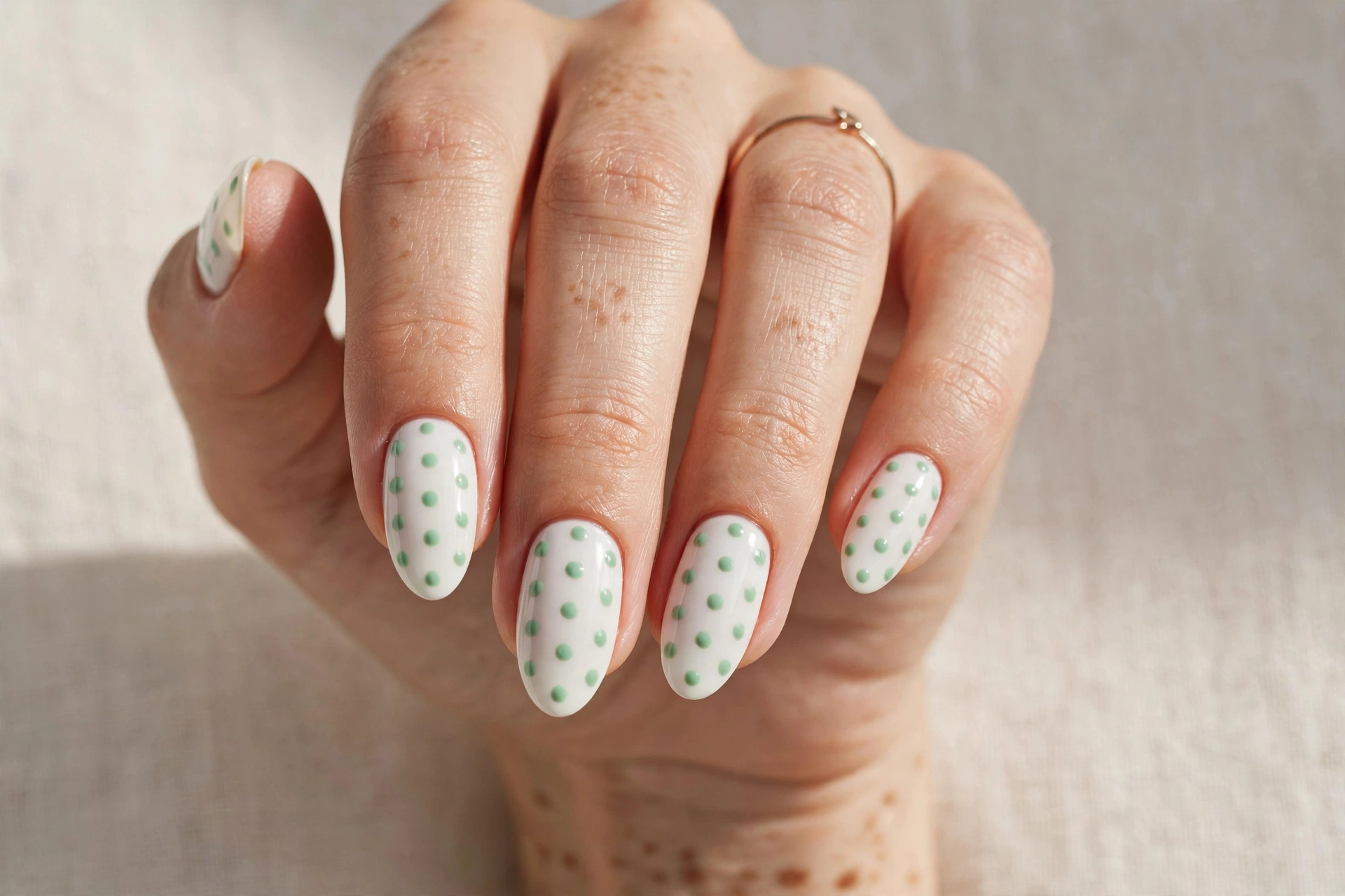 Mint green polka dots on a white manicure