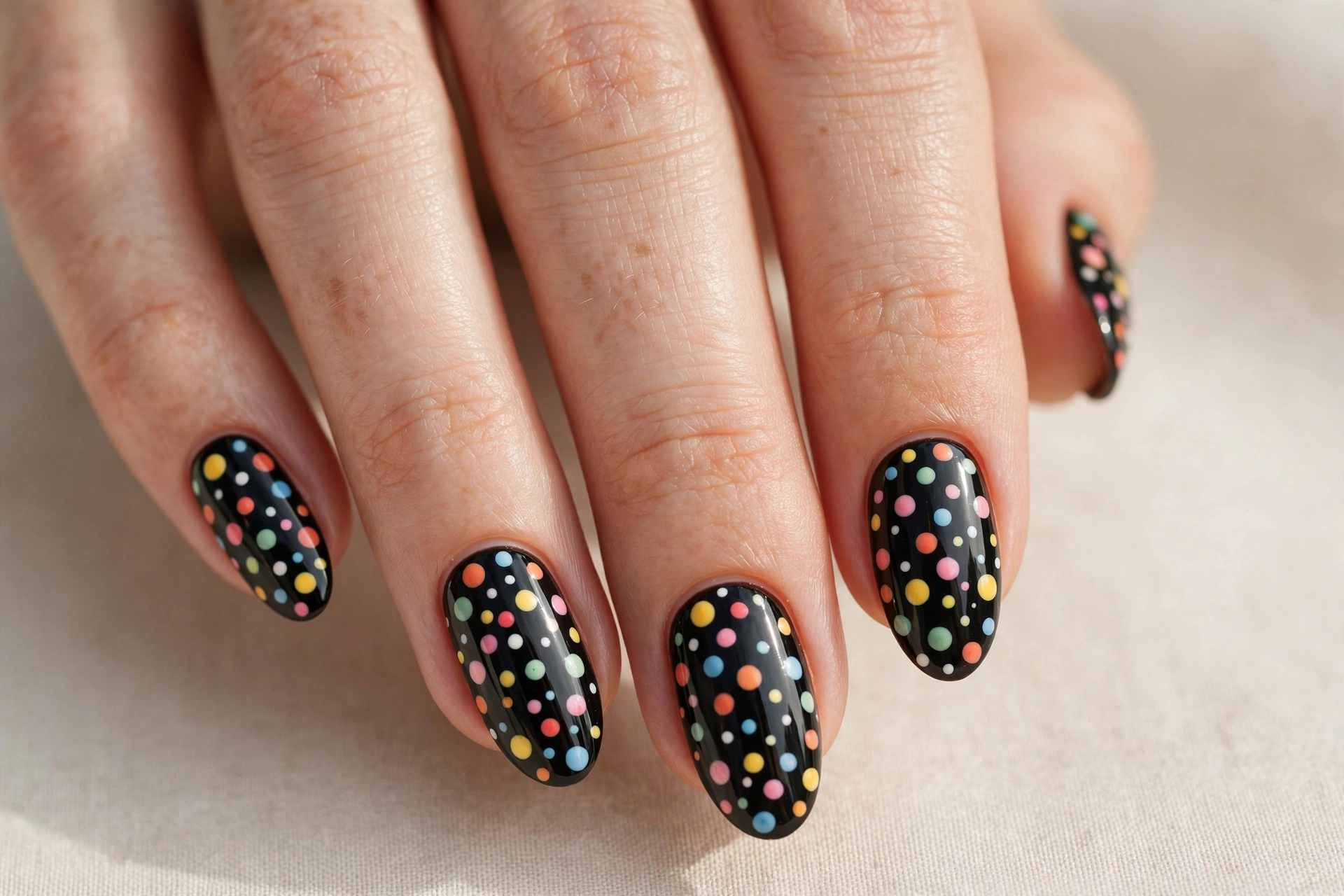 Multicolor polka dots on a glossy black manicure