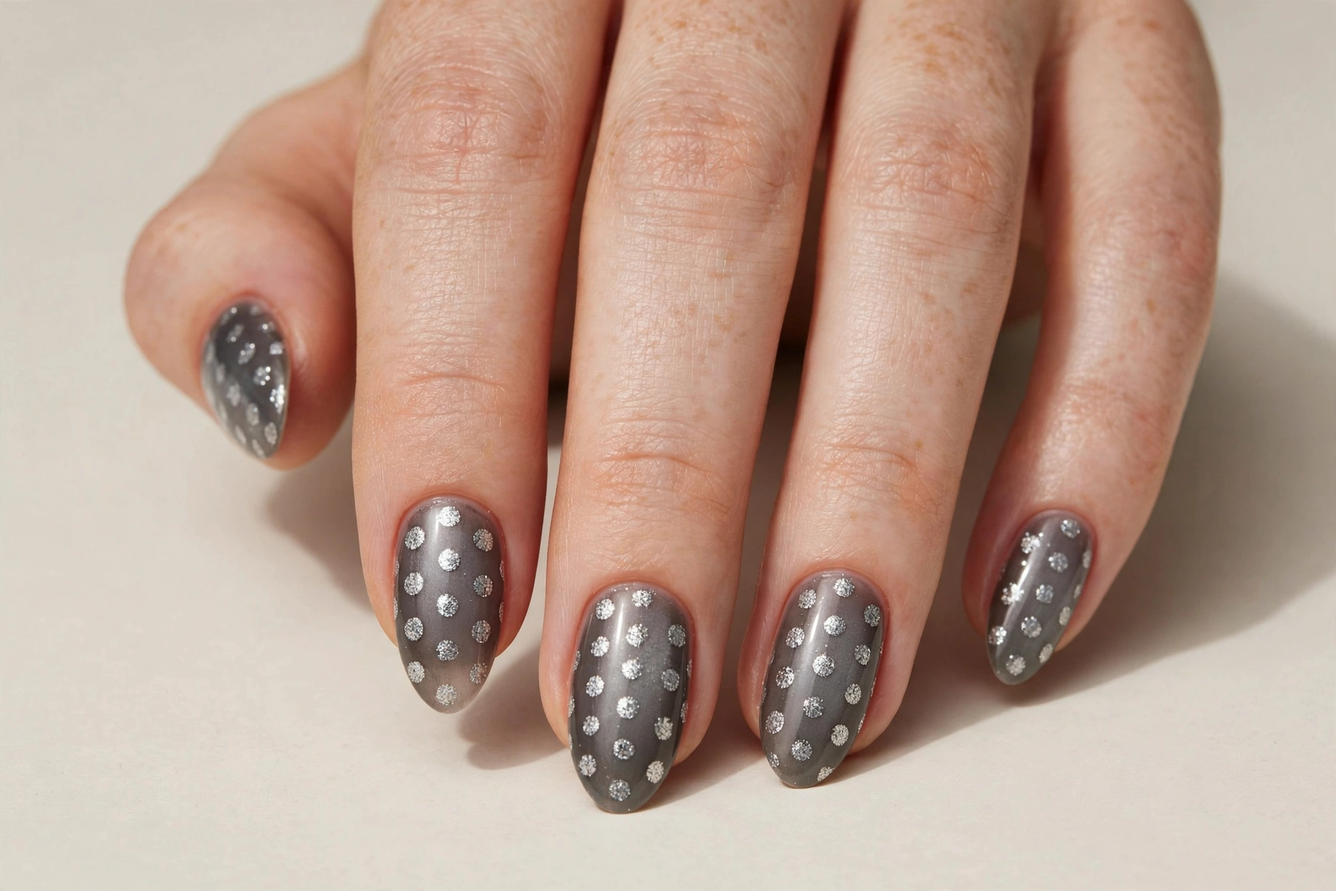 Silver glitter polka dots on a smoky gray manicure