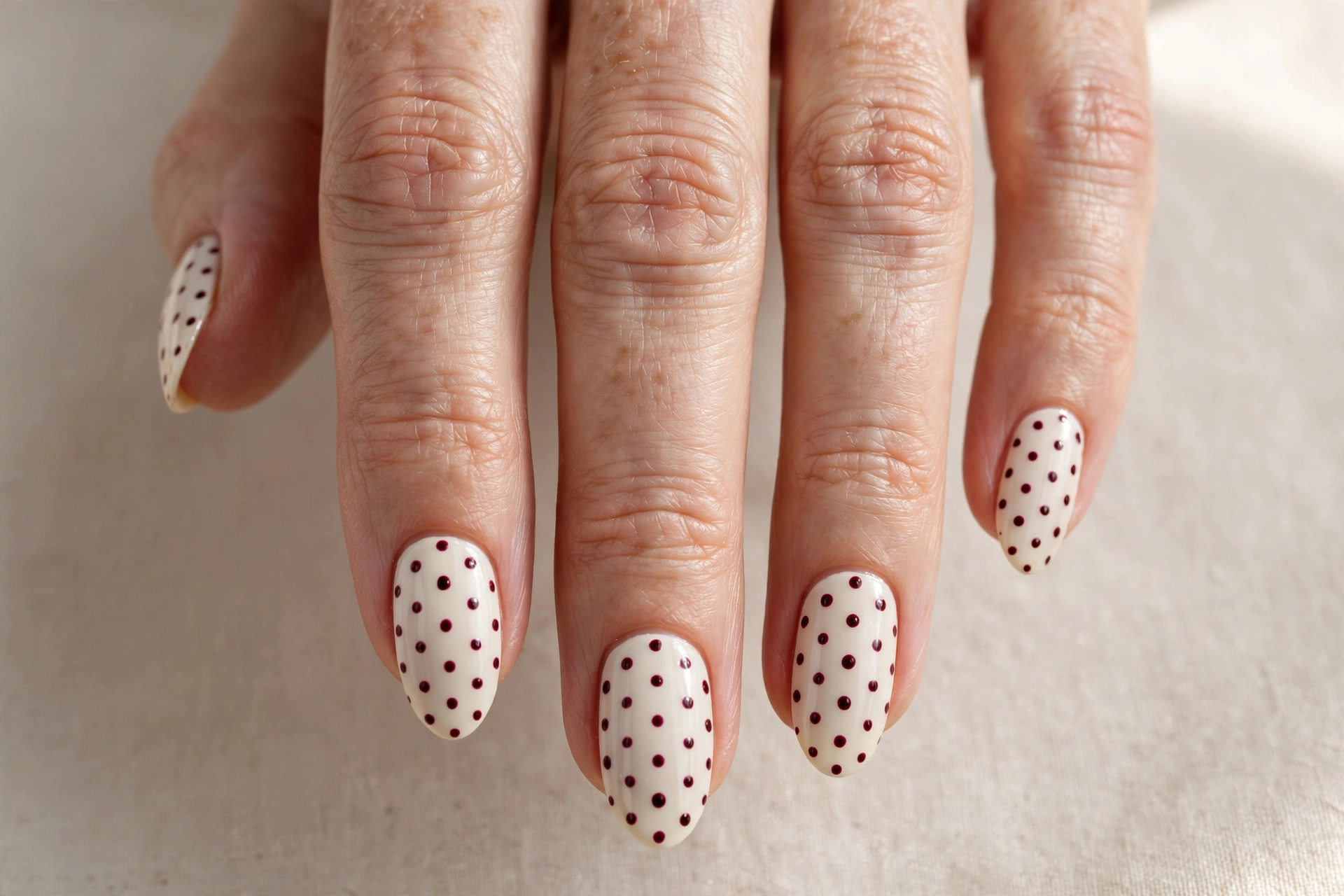 Burgundy polka dots on a cream manicure