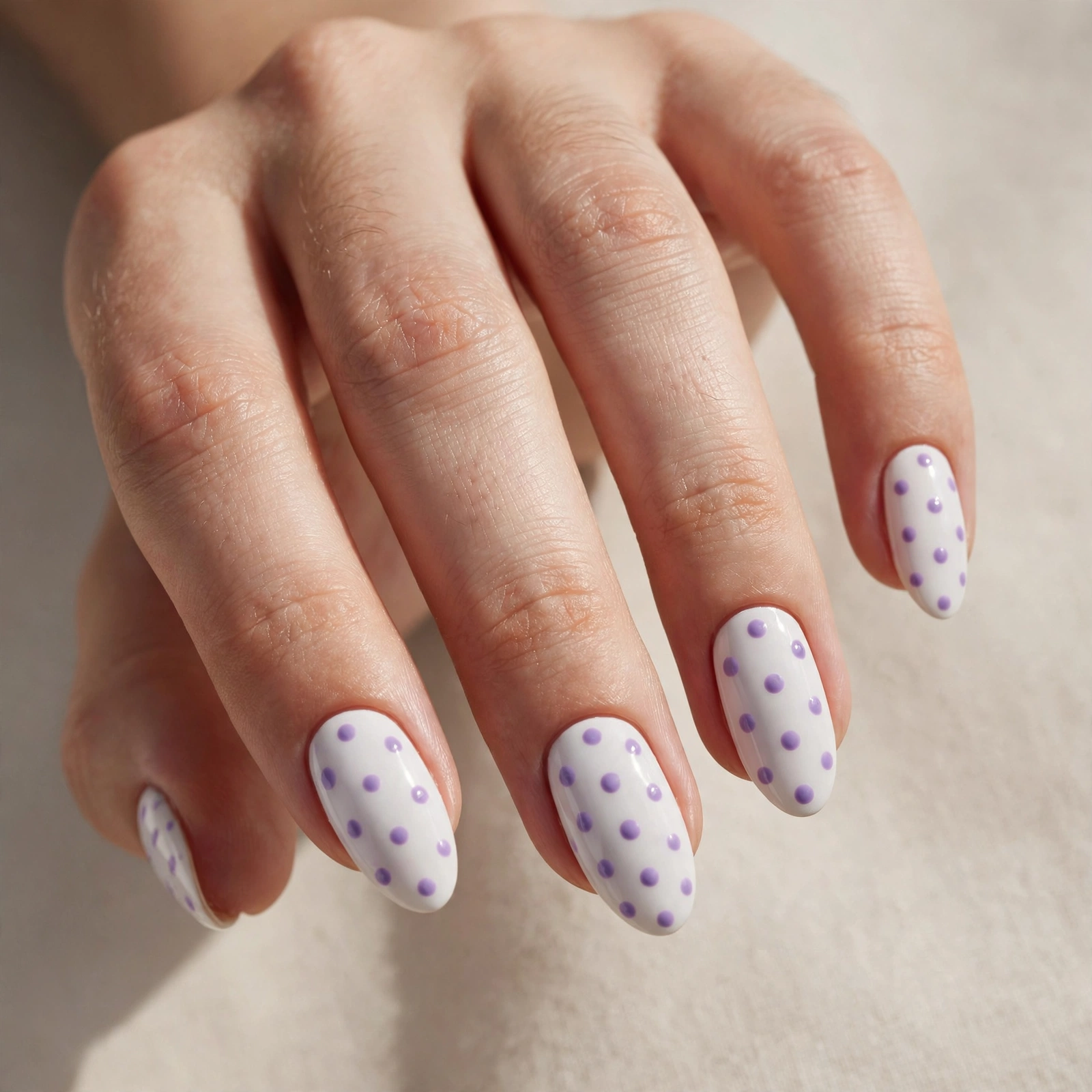 Lavender polka dots on a white manicure