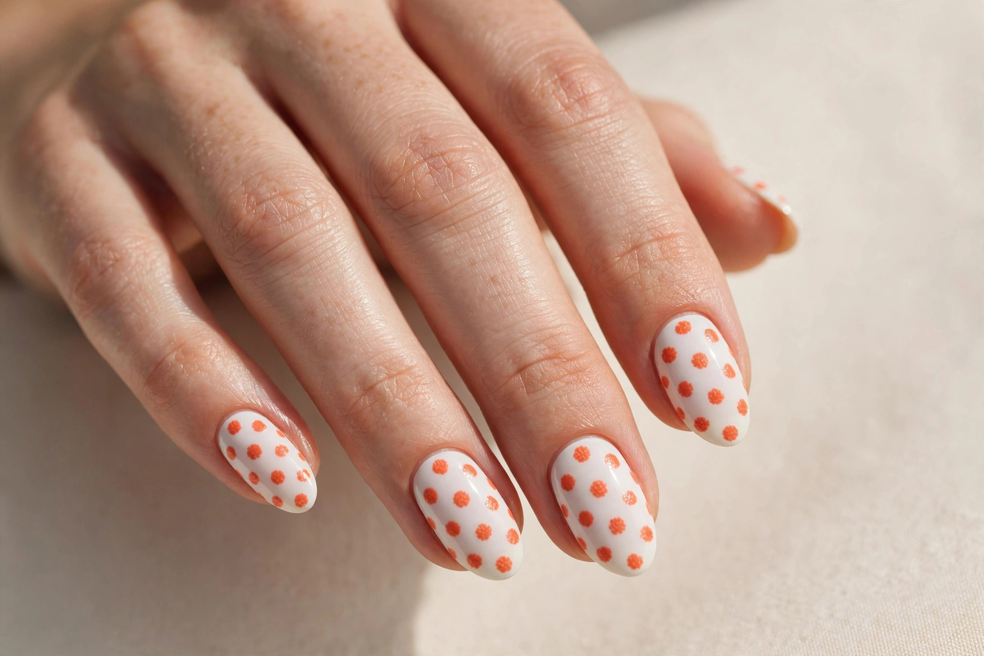 Coral polka dots on a white manicure