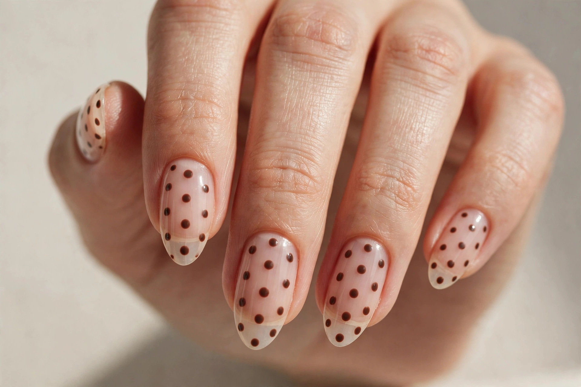 Chocolate brown polka dots on a sheer nude manicure